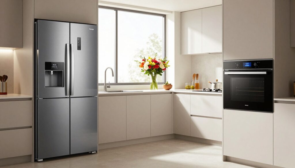 A modern kitchen showcasing Gorenje's innovative appliances, featuring sleek lines and a minimalist design. In the foreground, a stylish Gorenje refrigerator with a reflective surface, and a smart oven with a digital display. The middle ground displays a clean countertop with modern kitchen utensils and a vibrant bouquet of flowers, adding a touch of warmth. In the background, large windows illuminate the space with natural light, highlighting the airy atmosphere. Soft shadows create a sense of depth, and a light color palette enhances the feeling of sophistication. The overall mood is contemporary and inviting, emphasizing innovation and design as hallmark characteristics of the brand. A modern kitchen showcasing Gorenje's innovative appliances, featuring sleek lines and a minimalist design. In the foreground, a stylish Gorenje refrigerator with a reflective surface, and a smart oven with a digital display. The middle ground displays a clean countertop with modern kitchen utensils and a vibrant bouquet of flowers, adding a touch of warmth. In the background, large windows illuminate the space with natural light, highlighting the airy atmosphere. Soft shadows create a sense of depth, and a light color palette enhances the feeling of sophistication. The overall mood is contemporary and inviting, emphasizing innovation and design as hallmark characteristics of the brand.