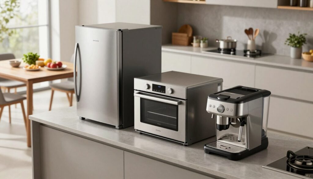 A modern kitchen showcasing various high-quality kitchen appliances on a sleek countertop. In the foreground, a stylish refrigerator, a compact oven, and a premium coffee maker are arranged neatly, all featuring an elegant, contemporary design with stainless steel finishes. In the middle ground, a wooden table with kitchen utensils and fresh ingredients adds a warm touch. The background reveals a bright, airy kitchen space with large windows allowing natural light to flood in, enhancing the inviting atmosphere. Soft shadows play across the surfaces, creating a serene mood. Captured with a slight overhead angle to emphasize the layout and functionality of the kitchen equipment, this image reflects the essence of selecting the perfect kitchen appliance. A modern kitchen showcasing various high-quality kitchen appliances on a sleek countertop. In the foreground, a stylish refrigerator, a compact oven, and a premium coffee maker are arranged neatly, all featuring an elegant, contemporary design with stainless steel finishes. In the middle ground, a wooden table with kitchen utensils and fresh ingredients adds a warm touch. The background reveals a bright, airy kitchen space with large windows allowing natural light to flood in, enhancing the inviting atmosphere. Soft shadows play across the surfaces, creating a serene mood. Captured with a slight overhead angle to emphasize the layout and functionality of the kitchen equipment, this image reflects the essence of selecting the perfect kitchen appliance.
