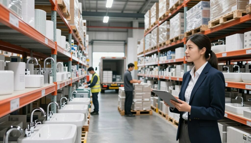 A modern logistics warehouse interior, showcasing organized shelves stocked with bathroom equipment, including sinks, faucets, and tiles. In the foreground, a professional in business attire inspects inventory with a tablet in hand, emphasizing efficiency and customer service standards. In the middle ground, warehouse staff are engaged in tasks such as loading boxes onto pallets and coordinating with a delivery truck backed into a loading dock. The background features high ceilings with industrial lighting illuminating the scene, creating a bright and efficient atmosphere. The angle presents a dynamic perspective that highlights the bustling activity of logistics operations. The overall mood is one of professionalism, orderliness, and readiness for customer fulfillment. A modern logistics warehouse interior, showcasing organized shelves stocked with bathroom equipment, including sinks, faucets, and tiles. In the foreground, a professional in business attire inspects inventory with a tablet in hand, emphasizing efficiency and customer service standards. In the middle ground, warehouse staff are engaged in tasks such as loading boxes onto pallets and coordinating with a delivery truck backed into a loading dock. The background features high ceilings with industrial lighting illuminating the scene, creating a bright and efficient atmosphere. The angle presents a dynamic perspective that highlights the bustling activity of logistics operations. The overall mood is one of professionalism, orderliness, and readiness for customer fulfillment.