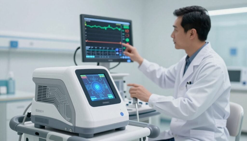 A modern medical sensor device prominently displayed in the foreground, showcasing its sleek design with intricate circuitry and a glowing LED screen. In the middle ground, a healthcare professional in a lab coat examines the sensor while standing next to a high-tech medical monitor displaying vital signs. The background features a clean, well-lit hospital environment with soft, diffused lighting, emphasizing professionalism and innovation. Capture the scene from a slightly elevated angle to enhance depth, showcasing the dynamic interaction between technology and healthcare. The overall mood is one of trust, cutting-edge technology, and reliability, reflecting a commitment to advanced medical solutions. No text, logos, or additional elements should be present.
