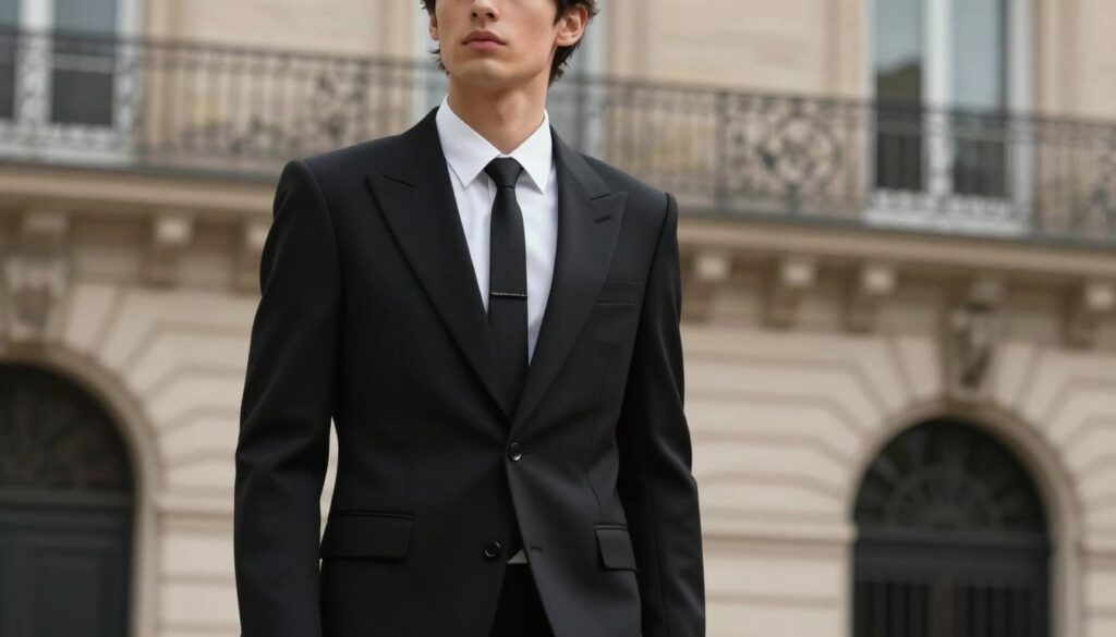 A modern menswear collection inspired by Balmain's signature style, showcasing a male model standing confidently in the foreground. He's adorned in a tailored black suit with sharp, structured shoulders, paired with a white fitted shirt and a slim black tie. The middle ground features an elegantly designed urban backdrop, with hints of Parisian architecture, creating a blend of contemporary and classic elements. Soft, diffused lighting highlights the model's features while casting gentle shadows that emphasize the suit’s sharp lines. The atmosphere is sophisticated and stylish, capturing the essence of high fashion. Use a slight upward angle to enhance the model’s stature, evoking a sense of confidence and allure. A modern menswear collection inspired by Balmain's signature style, showcasing a male model standing confidently in the foreground. He's adorned in a tailored black suit with sharp, structured shoulders, paired with a white fitted shirt and a slim black tie. The middle ground features an elegantly designed urban backdrop, with hints of Parisian architecture, creating a blend of contemporary and classic elements. Soft, diffused lighting highlights the model's features while casting gentle shadows that emphasize the suit’s sharp lines. The atmosphere is sophisticated and stylish, capturing the essence of high fashion. Use a slight upward angle to enhance the model’s stature, evoking a sense of confidence and allure.