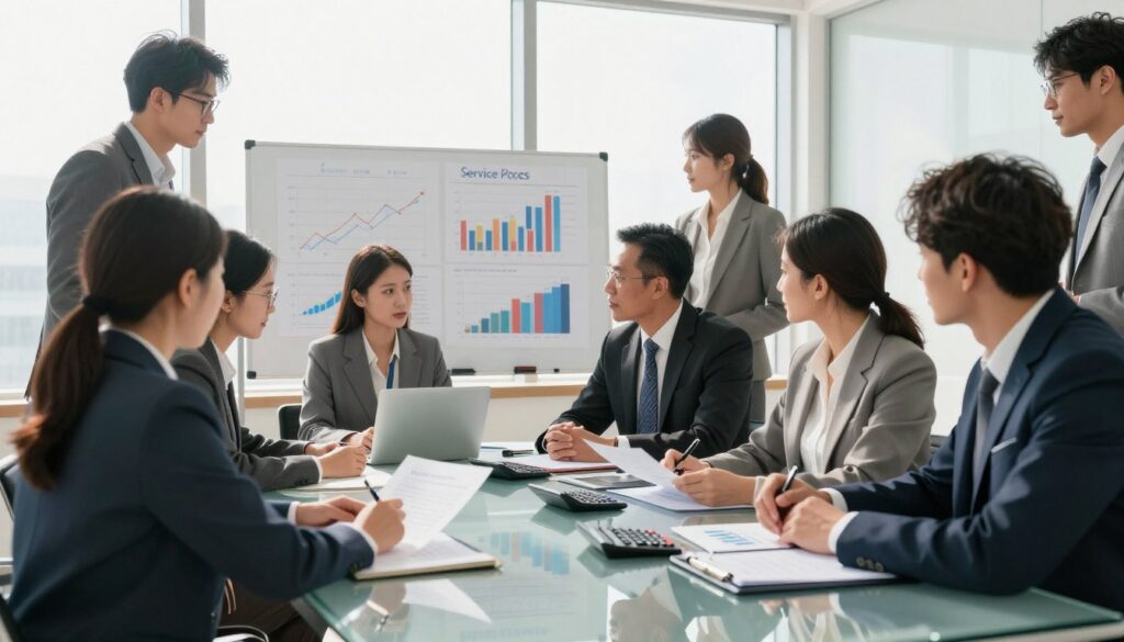 A modern office environment bustling with professionals discussing service pricing factors. In the foreground, a diverse group of people in business attire collaborate around a sleek glass table filled with financial documents and calculators. The middle ground features a digital whiteboard displaying charts and graphs, symbolizing market trends and cost analysis. In the background, large windows let in bright daylight, creating a warm and inviting atmosphere. The scene conveys a sense of teamwork and focus, with soft shadows enhancing the professional mood. The image should capture a dynamic and engaging work environment, ideal for illustrating the complexities behind service pricing factors. A modern office environment bustling with professionals discussing service pricing factors. In the foreground, a diverse group of people in business attire collaborate around a sleek glass table filled with financial documents and calculators. The middle ground features a digital whiteboard displaying charts and graphs, symbolizing market trends and cost analysis. In the background, large windows let in bright daylight, creating a warm and inviting atmosphere. The scene conveys a sense of teamwork and focus, with soft shadows enhancing the professional mood. The image should capture a dynamic and engaging work environment, ideal for illustrating the complexities behind service pricing factors.