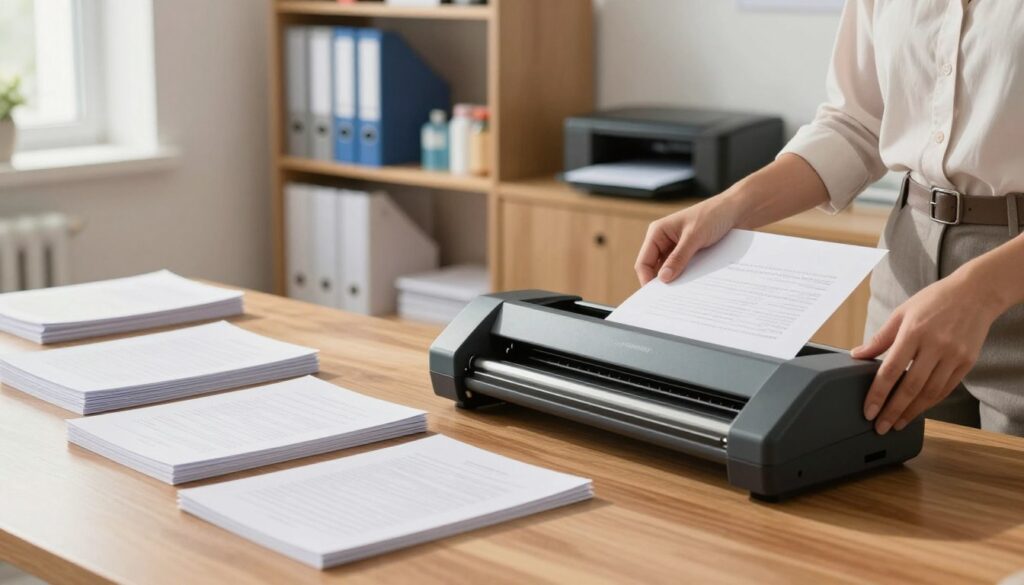 A modern office scene showcasing the process of document lamination. In the foreground, a professional woman in business attire is carefully placing a document into a laminating machine, her hand poised just above the entry slot. The middle ground features several completed laminated documents neatly stacked on a polished wooden desk, reflecting light elegantly. In the background, a well-organized office bookshelf displays various supplies related to document processing, including paper, binders, and printers, conveying a sense of professionalism. Soft, natural lighting filters through a window, casting gentle shadows and creating a warm atmosphere that emphasizes efficiency and attention to detail. The overall mood is focused and industrious, suitable for a service-oriented environment. A modern office scene showcasing the process of document lamination. In the foreground, a professional woman in business attire is carefully placing a document into a laminating machine, her hand poised just above the entry slot. The middle ground features several completed laminated documents neatly stacked on a polished wooden desk, reflecting light elegantly. In the background, a well-organized office bookshelf displays various supplies related to document processing, including paper, binders, and printers, conveying a sense of professionalism. Soft, natural lighting filters through a window, casting gentle shadows and creating a warm atmosphere that emphasizes efficiency and attention to detail. The overall mood is focused and industrious, suitable for a service-oriented environment.