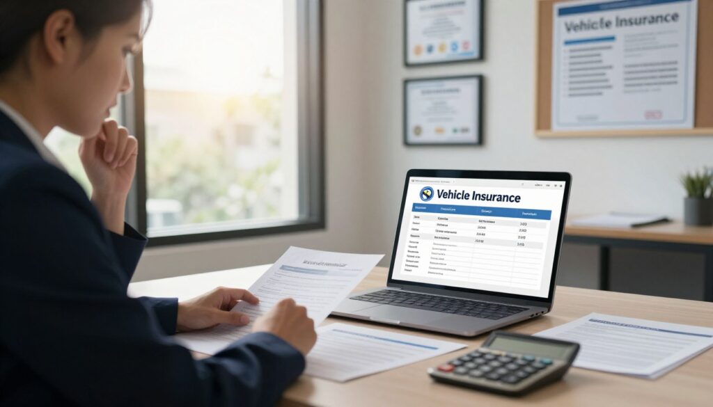 A modern office setting focused on vehicle insurance, featuring a professional-looking individual in business attire sitting at a desk filled with paperwork and a laptop displaying a vehicle insurance quote. In the foreground, there are documents and a calculator, symbolizing calculations and considerations beyond price. In the middle, a large window lets in soft, natural light, casting a warm glow over the scene. The background showcases a wall with framed certifications and a bulletin board highlighting various insurance options and factors affecting policy costs, such as coverage, deductibles, and customer service quality. The atmosphere is focused and contemplative, reflecting the important decisions involved in selecting an insurance policy. A modern office setting focused on vehicle insurance, featuring a professional-looking individual in business attire sitting at a desk filled with paperwork and a laptop displaying a vehicle insurance quote. In the foreground, there are documents and a calculator, symbolizing calculations and considerations beyond price. In the middle, a large window lets in soft, natural light, casting a warm glow over the scene. The background showcases a wall with framed certifications and a bulletin board highlighting various insurance options and factors affecting policy costs, such as coverage, deductibles, and customer service quality. The atmosphere is focused and contemplative, reflecting the important decisions involved in selecting an insurance policy.