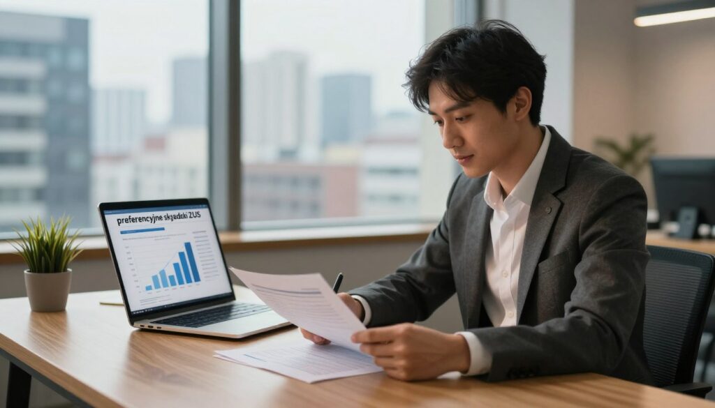 A modern office setting highlighting "preferencyjne składki ZUS" for entrepreneurs starting their journey. In the foreground, a confident young entrepreneur, dressed in professional business attire, reviews financial documents on a sleek wooden desk. The middle ground features a laptop displaying graphs and charts related to ZUS contributions, illuminated by soft, warm lighting creating an inviting atmosphere. In the background, a large window reveals a bustling cityscape, hinting at opportunities for growth and success. The scene captures a sense of focus and optimism, with a subtle depth of field effect softening the background. The overall mood is inspiring and professional, reflecting the themes of startup growth and financial awareness. A modern office setting highlighting "preferencyjne składki ZUS" for entrepreneurs starting their journey. In the foreground, a confident young entrepreneur, dressed in professional business attire, reviews financial documents on a sleek wooden desk. The middle ground features a laptop displaying graphs and charts related to ZUS contributions, illuminated by soft, warm lighting creating an inviting atmosphere. In the background, a large window reveals a bustling cityscape, hinting at opportunities for growth and success. The scene captures a sense of focus and optimism, with a subtle depth of field effect softening the background. The overall mood is inspiring and professional, reflecting the themes of startup growth and financial awareness.