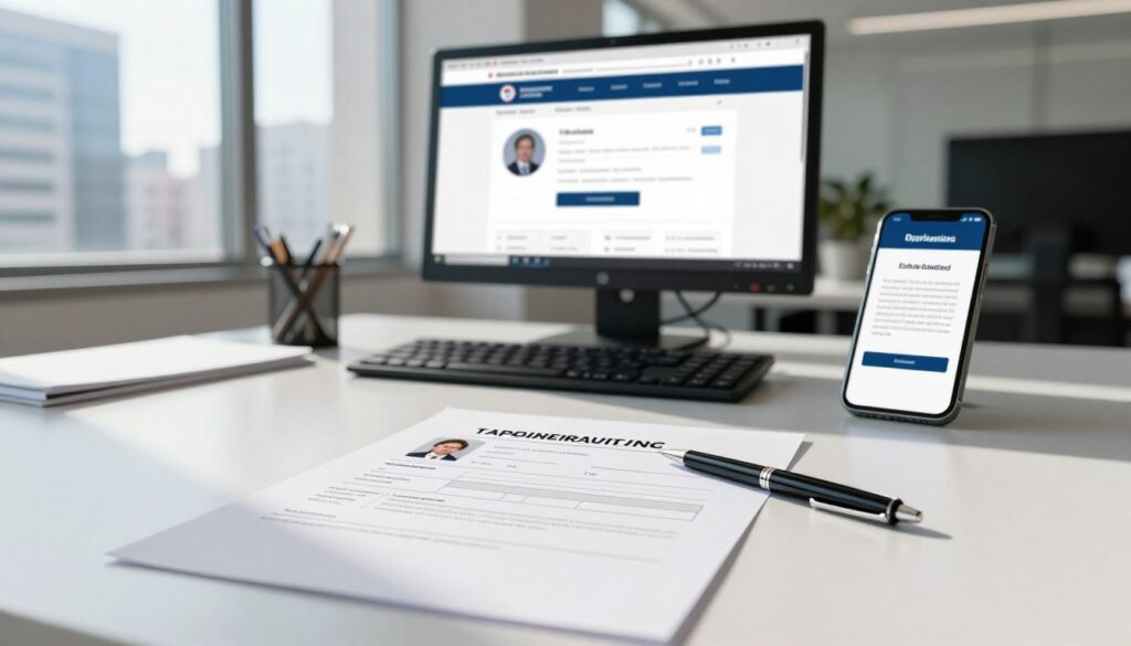 A modern office setting showcasing the process of applying for an ID card. In the foreground, a neatly organized desk with a filled-out application form for a personal identification card and a pen, casting soft shadows. The middle layer features a computer displaying a government website for online applications, along with a smartphone showing a notification. In the background, an office window reveals a bustling cityscape, allowing natural light to illuminate the scene, creating a professional atmosphere. The mood is focused and productive, emphasizing the ease of the application process. Capture this scene using a lens perspective that highlights depth and clarity, ensuring all elements are integrated cohesively. A modern office setting showcasing the process of applying for an ID card. In the foreground, a neatly organized desk with a filled-out application form for a personal identification card and a pen, casting soft shadows. The middle layer features a computer displaying a government website for online applications, along with a smartphone showing a notification. In the background, an office window reveals a bustling cityscape, allowing natural light to illuminate the scene, creating a professional atmosphere. The mood is focused and productive, emphasizing the ease of the application process. Capture this scene using a lens perspective that highlights depth and clarity, ensuring all elements are integrated cohesively.