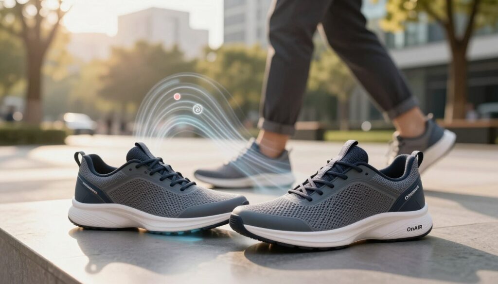 A modern shoe display highlighting the innovative "OnAIR" ventilation system in a dynamic urban environment. In the foreground, a pair of sleek, comfortable Caprice shoes sits elegantly on a reflective surface, showcasing breathable mesh and cushioning features. The middle ground includes a subtle visual representation of airflow dynamics—soft, flowing lines and diagrams illustrating the ventilation technology emanating from the shoes. In the background, an urban park setting with soft sunlight filtering through trees creates a relaxed atmosphere, emphasizing comfort and ease. The lighting is warm and inviting, with a shallow depth of field to keep focus on the shoes, capturing the essence of innovative footwear technology that enhances walking comfort. A modern shoe display highlighting the innovative "OnAIR" ventilation system in a dynamic urban environment. In the foreground, a pair of sleek, comfortable Caprice shoes sits elegantly on a reflective surface, showcasing breathable mesh and cushioning features. The middle ground includes a subtle visual representation of airflow dynamics—soft, flowing lines and diagrams illustrating the ventilation technology emanating from the shoes. In the background, an urban park setting with soft sunlight filtering through trees creates a relaxed atmosphere, emphasizing comfort and ease. The lighting is warm and inviting, with a shallow depth of field to keep focus on the shoes, capturing the essence of innovative footwear technology that enhances walking comfort.