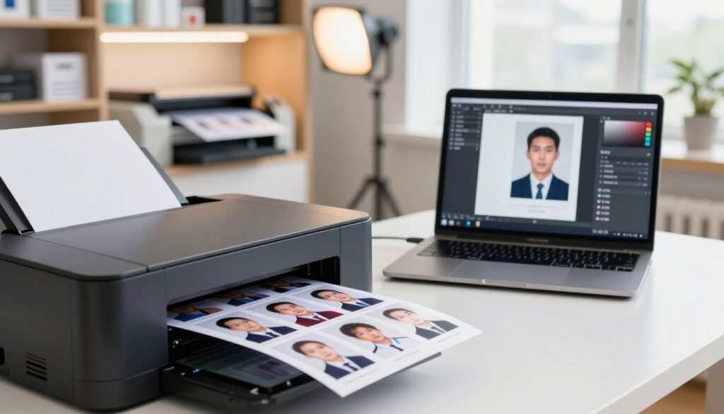 A neatly arranged workspace showcasing a digital photo print service for official ID photographs. In the foreground, a close-up of a printer ejecting vibrant, high-quality ID photos on glossy paper. In the middle, a clean desk with an open laptop displaying an image editing software interface, with tools for resizing and enhancing ID pictures. In the background, a well-lit printing area with shelves stocked with photography supplies, professional lighting equipment, and photo paper. Natural light streams in through a window, creating a bright, inviting atmosphere. The scene conveys professionalism and efficiency in a modern photography setting, ideal for accessible and affordable ID photo printing services. A neatly arranged workspace showcasing a digital photo print service for official ID photographs. In the foreground, a close-up of a printer ejecting vibrant, high-quality ID photos on glossy paper. In the middle, a clean desk with an open laptop displaying an image editing software interface, with tools for resizing and enhancing ID pictures. In the background, a well-lit printing area with shelves stocked with photography supplies, professional lighting equipment, and photo paper. Natural light streams in through a window, creating a bright, inviting atmosphere. The scene conveys professionalism and efficiency in a modern photography setting, ideal for accessible and affordable ID photo printing services.