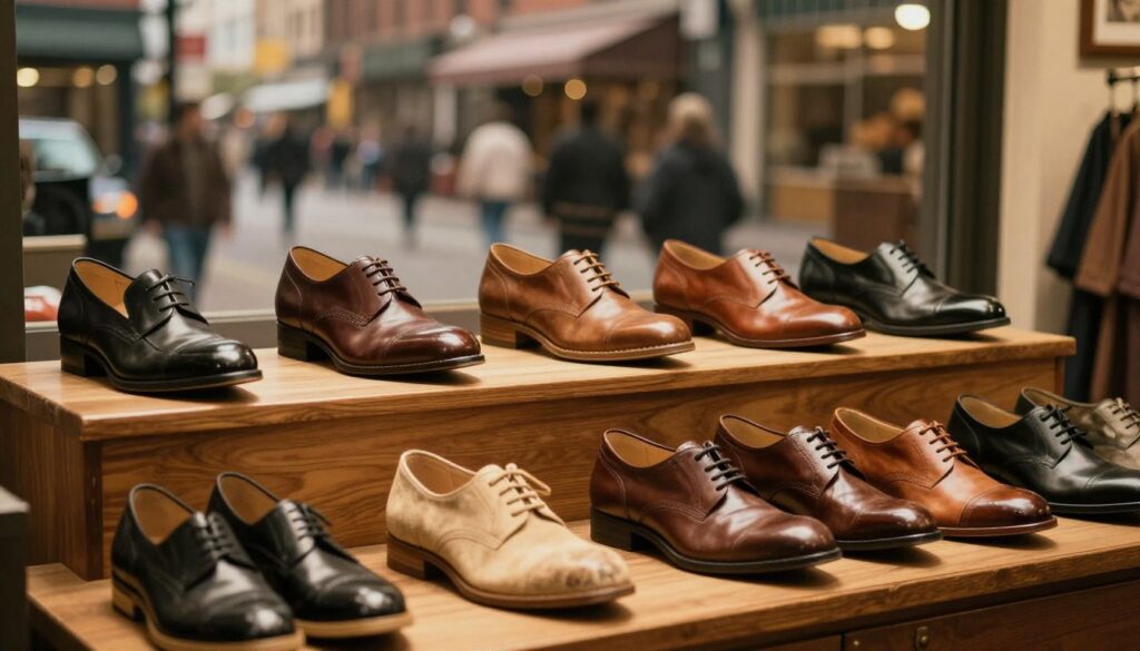 A nostalgic, vintage-inspired scene showcasing the evolution of the Americanos brand. In the foreground, a collection of stylish shoes with distinct designs representing different eras of the brand, including modern and retro styles. In the middle, a polished wooden display case holds the shoes, with soft, warm lighting highlighting their craftsmanship. The background features a blurred image of a bustling urban environment, symbolizing the brand's comeback to the market. The mood is energetic yet classic, reflecting both innovation and heritage. Use a shallow depth of field to focus on the shoes, with the ambient light creating a welcoming atmosphere. The overall composition should convey a sense of nostalgia and modernity intertwined. A nostalgic, vintage-inspired scene showcasing the evolution of the Americanos brand. In the foreground, a collection of stylish shoes with distinct designs representing different eras of the brand, including modern and retro styles. In the middle, a polished wooden display case holds the shoes, with soft, warm lighting highlighting their craftsmanship. The background features a blurred image of a bustling urban environment, symbolizing the brand's comeback to the market. The mood is energetic yet classic, reflecting both innovation and heritage. Use a shallow depth of field to focus on the shoes, with the ambient light creating a welcoming atmosphere. The overall composition should convey a sense of nostalgia and modernity intertwined.