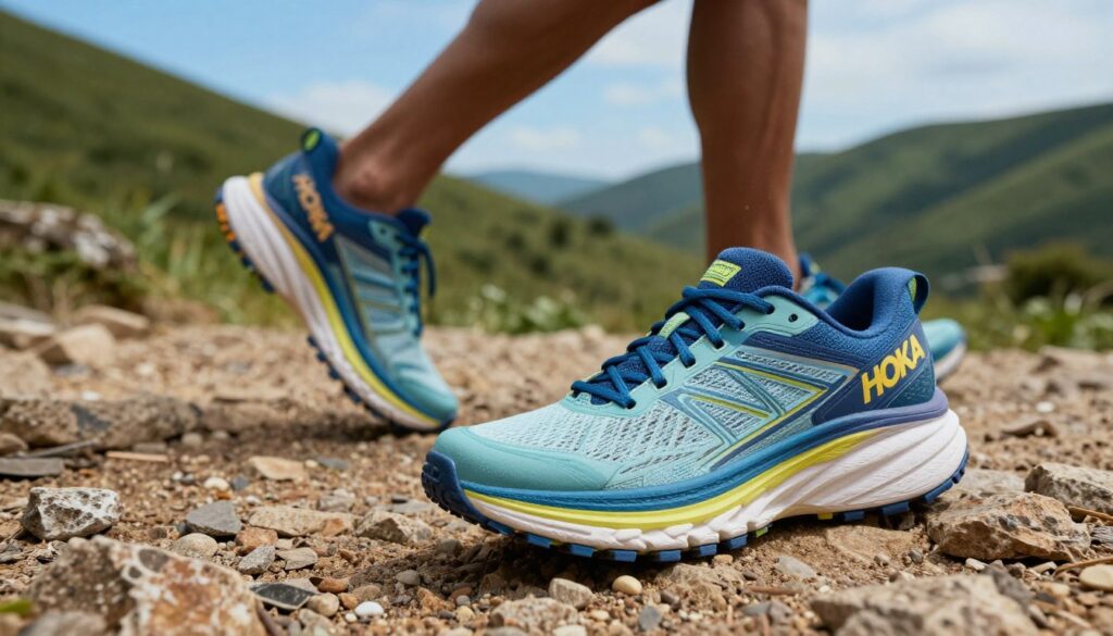 A pair of Hoka running shoes prominently displayed in the foreground, showcasing their unique design and vibrant color scheme. The shoes should appear dynamic and athletic, positioned atop a rugged outdoor terrain such as rocky trails or soft ground, emphasizing their suitability for trail running. In the middle ground, a blurred silhouette of a runner wearing similar Hoka shoes in motion, highlighting the shoes' performance. The background features lush green hills under a bright blue sky, creating an inviting and energetic atmosphere. Soft, natural lighting accentuates the shoes' details, enhancing the overall vibrant feel. The image should evoke a sense of adventure and passion for running, with an emphasis on the durability and style of Hoka footwear. A pair of Hoka running shoes prominently displayed in the foreground, showcasing their unique design and vibrant color scheme. The shoes should appear dynamic and athletic, positioned atop a rugged outdoor terrain such as rocky trails or soft ground, emphasizing their suitability for trail running. In the middle ground, a blurred silhouette of a runner wearing similar Hoka shoes in motion, highlighting the shoes' performance. The background features lush green hills under a bright blue sky, creating an inviting and energetic atmosphere. Soft, natural lighting accentuates the shoes' details, enhancing the overall vibrant feel. The image should evoke a sense of adventure and passion for running, with an emphasis on the durability and style of Hoka footwear.