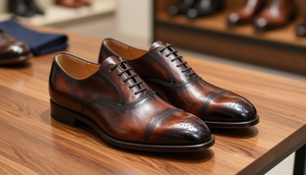 A pair of high-quality Dockers shoes prominently displayed in the foreground, showcasing their intricate craftsmanship and durability. The shoes should be made of rich, textured leather, reflecting light to highlight their elegant design. In the middle ground, an elegant wooden table with subtle grain patterns serves as a base, emphasizing a professional and sophisticated atmosphere. The background features a soft-focus, well-lit environment, evoking a sense of warmth and quality, with hints of luxury such as leather accessories or fabric swatches. The lighting should be natural, enhancing the shoes’ colors, with a slight spotlight effect to draw attention to their premium details. The overall mood is refined and aspirational, appealing to discerning consumers who value quality and style in footwear. A pair of high-quality Dockers shoes prominently displayed in the foreground, showcasing their intricate craftsmanship and durability. The shoes should be made of rich, textured leather, reflecting light to highlight their elegant design. In the middle ground, an elegant wooden table with subtle grain patterns serves as a base, emphasizing a professional and sophisticated atmosphere. The background features a soft-focus, well-lit environment, evoking a sense of warmth and quality, with hints of luxury such as leather accessories or fabric swatches. The lighting should be natural, enhancing the shoes’ colors, with a slight spotlight effect to draw attention to their premium details. The overall mood is refined and aspirational, appealing to discerning consumers who value quality and style in footwear.