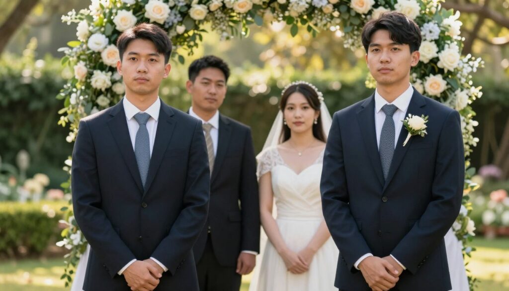 A picturesque civil wedding scene featuring two professional witnesses standing next to a couple under a floral arch in an outdoor setting. The foreground shows the witnesses, a man and a woman, both dressed in elegant business attire, looking supportive and engaged. The middle features the couple, dressed in a classic wedding outfit, holding hands. The background includes a lush garden with greenery and soft sunlight filtering through trees, creating a warm and romantic atmosphere. The scene is captured at eye level, with soft focus on the background to emphasize the subjects. The mood is celebratory and reflective, showcasing the importance of choosing the right witnesses for a civil ceremony. A picturesque civil wedding scene featuring two professional witnesses standing next to a couple under a floral arch in an outdoor setting. The foreground shows the witnesses, a man and a woman, both dressed in elegant business attire, looking supportive and engaged. The middle features the couple, dressed in a classic wedding outfit, holding hands. The background includes a lush garden with greenery and soft sunlight filtering through trees, creating a warm and romantic atmosphere. The scene is captured at eye level, with soft focus on the background to emphasize the subjects. The mood is celebratory and reflective, showcasing the importance of choosing the right witnesses for a civil ceremony.
