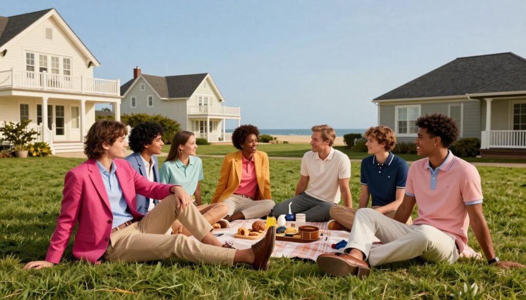 A picturesque outdoor scene showcasing a stylish Hampton Republic fashion collection in a modern preppy aesthetic. In the foreground, a group of diverse individuals wearing vibrant, well-fitted clothing representative of the preppy style, such as tailored blazers, polo shirts, and smart casual shoes, engage in lighthearted conversation while sitting on a picnic blanket. The middle ground features a beautifully manicured lawn bordered by classic beach houses, elegantly framing the subjects. In the background, a clear blue sky completes the tranquil coastal setting. Soft, warm lighting creates an inviting atmosphere, reminiscent of a sunny afternoon. The composition captures a sense of effortless sophistication and camaraderie, embodying the philosophy of the Hampton Republic brand. A picturesque outdoor scene showcasing a stylish Hampton Republic fashion collection in a modern preppy aesthetic. In the foreground, a group of diverse individuals wearing vibrant, well-fitted clothing representative of the preppy style, such as tailored blazers, polo shirts, and smart casual shoes, engage in lighthearted conversation while sitting on a picnic blanket. The middle ground features a beautifully manicured lawn bordered by classic beach houses, elegantly framing the subjects. In the background, a clear blue sky completes the tranquil coastal setting. Soft, warm lighting creates an inviting atmosphere, reminiscent of a sunny afternoon. The composition captures a sense of effortless sophistication and camaraderie, embodying the philosophy of the Hampton Republic brand.