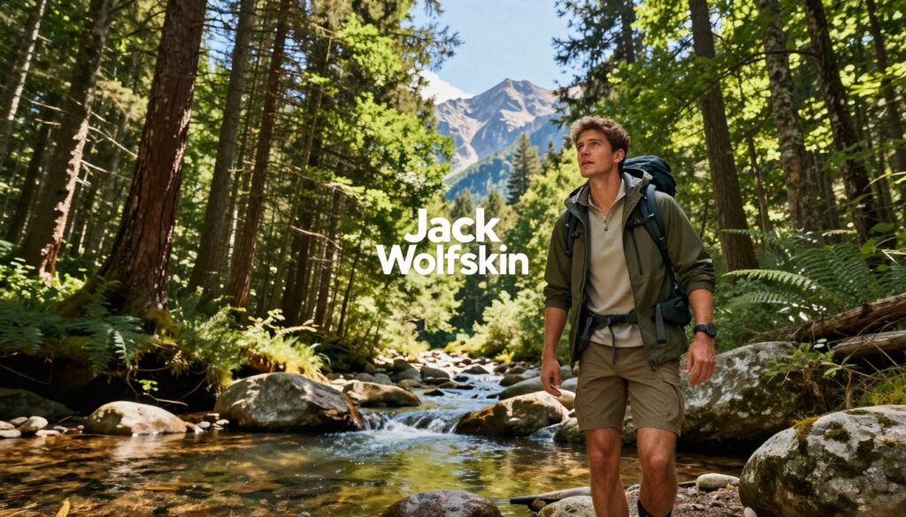A picturesque outdoor scene showcasing the origin and inspiration behind the name "Jack Wolfskin." In the foreground, a rugged, adventurous traveler dressed in professional outdoor clothing explores a dense, lush forest with a curious expression. The middle ground features a calming clear stream flowing over smooth rocks, reflecting the vibrant greenery. Towering trees with textured bark and dappled sunlight filter through the canopy, creating a warm, inviting atmosphere. In the background, majestic mountains rise against a bright blue sky, symbolizing adventure and exploration. The lighting is soft yet bright, emphasizing the natural beauty of the surroundings. The overall mood is one of inspiration and discovery, inviting viewers to reflect on the spirit of adventure and the connection to nature. A picturesque outdoor scene showcasing the origin and inspiration behind the name "Jack Wolfskin." In the foreground, a rugged, adventurous traveler dressed in professional outdoor clothing explores a dense, lush forest with a curious expression. The middle ground features a calming clear stream flowing over smooth rocks, reflecting the vibrant greenery. Towering trees with textured bark and dappled sunlight filter through the canopy, creating a warm, inviting atmosphere. In the background, majestic mountains rise against a bright blue sky, symbolizing adventure and exploration. The lighting is soft yet bright, emphasizing the natural beauty of the surroundings. The overall mood is one of inspiration and discovery, inviting viewers to reflect on the spirit of adventure and the connection to nature.