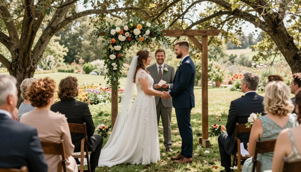 A picturesque outdoor setting for a humanist wedding ceremony, featuring a beautifully adorned altar with flowers and greenery. In the foreground, a diverse couple in modest, elegant attire exchanges vows, radiating love and joy. The middle ground showcases smiling family and friends seated in rustic wooden chairs, capturing the intimate atmosphere. Soft, natural lighting filters through trees, creating a warm and inviting glow. The background reveals a serene garden landscape, with blooming flowers and an archway, enhancing the romantic ambiance. The composition should evoke feelings of unity, celebration, and inclusivity, emphasizing that this wedding form is designed for those seeking a personalized and meaningful ceremony. A picturesque outdoor setting for a humanist wedding ceremony, featuring a beautifully adorned altar with flowers and greenery. In the foreground, a diverse couple in modest, elegant attire exchanges vows, radiating love and joy. The middle ground showcases smiling family and friends seated in rustic wooden chairs, capturing the intimate atmosphere. Soft, natural lighting filters through trees, creating a warm and inviting glow. The background reveals a serene garden landscape, with blooming flowers and an archway, enhancing the romantic ambiance. The composition should evoke feelings of unity, celebration, and inclusivity, emphasizing that this wedding form is designed for those seeking a personalized and meaningful ceremony.