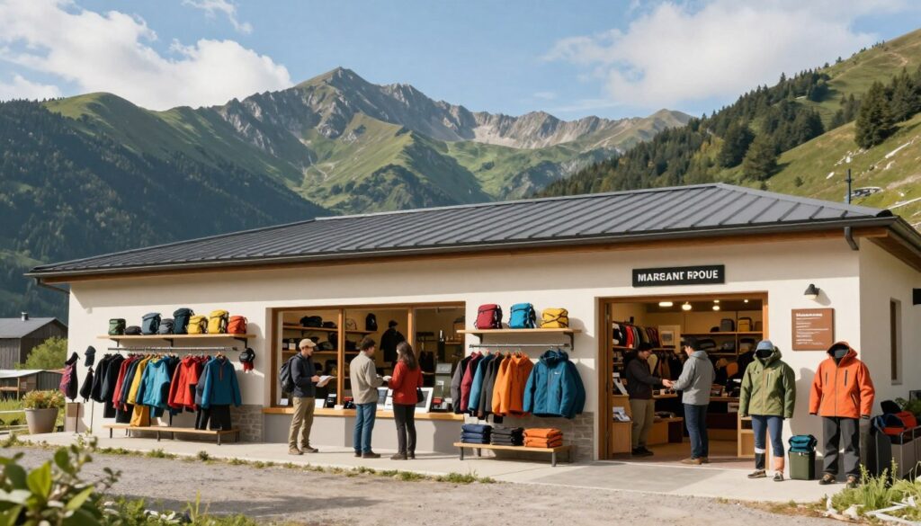 A picturesque scene of a Mountain Warehouse store nestled in the foothills of a majestic mountain range, capturing the essence of outdoor adventure gear. In the foreground, a welcoming exterior displays a range of well-organized outdoor clothing and equipment, with a bright and inviting entrance. The middle ground features customers in professional casual attire, browsing gear and interacting with friendly staff. The background showcases towering green mountains under a blue sky, with wispy clouds enhancing the expansive view. Soft, natural sunlight bathes the scene, casting gentle shadows and creating a vibrant atmosphere of exploration and enthusiasm for outdoor activities. The overall mood conveys a sense of adventure and community, inviting onlookers to discover the brand's rich history. A picturesque scene of a Mountain Warehouse store nestled in the foothills of a majestic mountain range, capturing the essence of outdoor adventure gear. In the foreground, a welcoming exterior displays a range of well-organized outdoor clothing and equipment, with a bright and inviting entrance. The middle ground features customers in professional casual attire, browsing gear and interacting with friendly staff. The background showcases towering green mountains under a blue sky, with wispy clouds enhancing the expansive view. Soft, natural sunlight bathes the scene, casting gentle shadows and creating a vibrant atmosphere of exploration and enthusiasm for outdoor activities. The overall mood conveys a sense of adventure and community, inviting onlookers to discover the brand's rich history.
