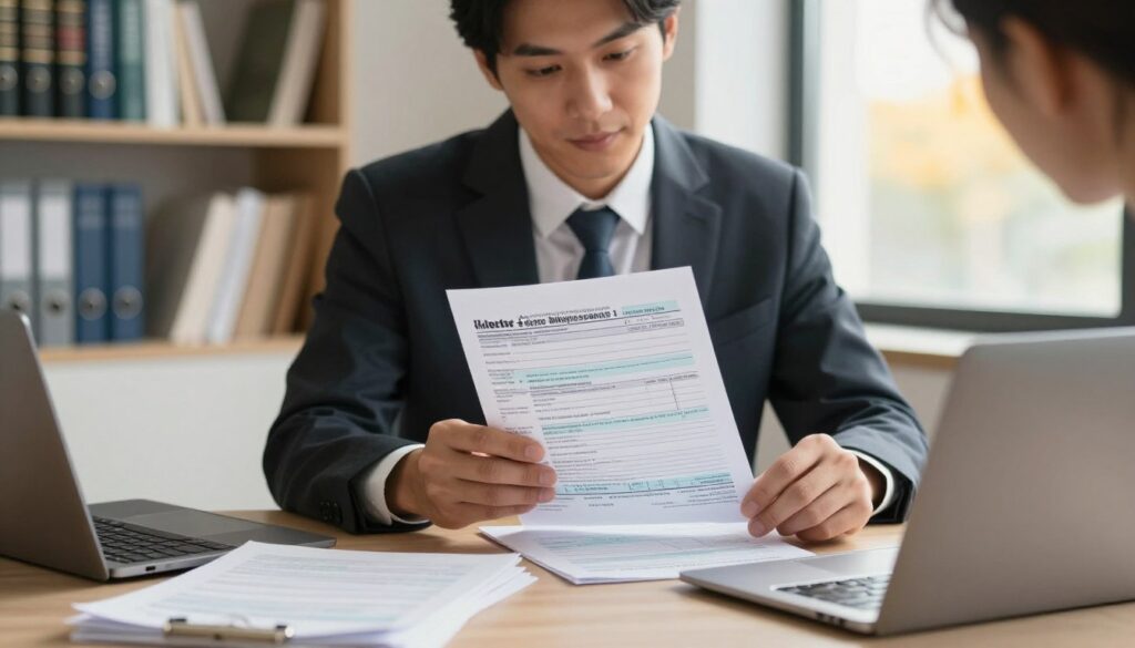 A professional accountant seated at a desk, reviewing a detailed tax declaration form with a focused expression. The foreground features the accountant, dressed in smart business attire, surrounded by neatly stacked papers and a laptop. In the middle, a tax declaration document with clear headings and bullet points is prominently displayed, emphasizing clarity and organization. The background shows a well-lit office environment, with a bookshelf filled with accounting books and a window revealing a sunny day outside. The lighting is warm and inviting, creating a productive atmosphere. The composition captures the importance of tax preparation and the role of a specialist in ensuring accuracy and efficiency.