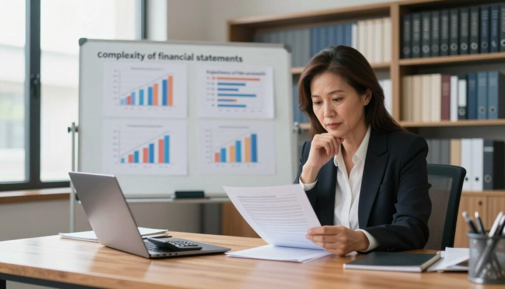 A professional accountant's office, focused on determining the costs of PIT settlement services. In the foreground, a well-dressed accountant, a middle-aged woman, reviewing financial documents with a thoughtful expression. She is seated at a sleek wooden desk, with a calculator and a laptop open beside her. In the middle ground, a large whiteboard displays charts and graphs illustrating factors that influence cost, such as 'complexity of financial statements' and 'experience of the accountant'. The background showcases a modern office environment with shelves filled with accounting books and a large window letting in soft, natural light. The mood is serious yet inviting, emphasizing professionalism and clarity in financial services, captured from a slightly low angle to enhance depth. A professional accountant's office, focused on determining the costs of PIT settlement services. In the foreground, a well-dressed accountant, a middle-aged woman, reviewing financial documents with a thoughtful expression. She is seated at a sleek wooden desk, with a calculator and a laptop open beside her. In the middle ground, a large whiteboard displays charts and graphs illustrating factors that influence cost, such as 'complexity of financial statements' and 'experience of the accountant'. The background showcases a modern office environment with shelves filled with accounting books and a large window letting in soft, natural light. The mood is serious yet inviting, emphasizing professionalism and clarity in financial services, captured from a slightly low angle to enhance depth.