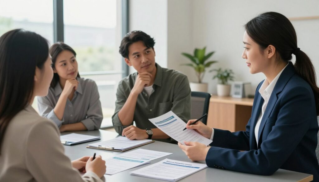 A professional and inviting scene depicting a consultation about private health insurance. In the foreground, a confident insurance agent in smart business attire is seated at a sleek modern desk, discussing options with a diverse couple who appear engaged and thoughtful. The middle ground features a large open window with soft natural light streaming in, illuminating documents and brochures about health insurance plans neatly arranged on the desk. In the background, a contemporary office setting with calming colors and minimalistic décor enhances the atmosphere of professionalism and trust. The overall mood is positive and reassuring, emphasizing the importance of making informed health insurance choices. The angle captures the interaction closely, showcasing the sincerity of the conversation while maintaining a sense of warmth and approachability. A professional and inviting scene depicting a consultation about private health insurance. In the foreground, a confident insurance agent in smart business attire is seated at a sleek modern desk, discussing options with a diverse couple who appear engaged and thoughtful. The middle ground features a large open window with soft natural light streaming in, illuminating documents and brochures about health insurance plans neatly arranged on the desk. In the background, a contemporary office setting with calming colors and minimalistic décor enhances the atmosphere of professionalism and trust. The overall mood is positive and reassuring, emphasizing the importance of making informed health insurance choices. The angle captures the interaction closely, showcasing the sincerity of the conversation while maintaining a sense of warmth and approachability.