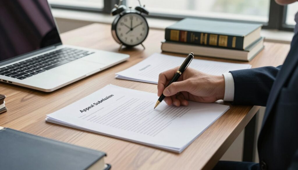 A professional and organized workspace featuring a large wooden desk covered with legal documents, a laptop, and a clock displaying an upcoming deadline for an appeal. In the foreground, a hand in a formal business suit is poised over a pen, ready to sign a form labeled “Appeal Submission”. The middle ground includes an open file with visible dates and timelines related to appeal procedures, alongside a stack of legal books. The background shows a window with soft natural light streaming in, casting gentle shadows, creating a focused and determined atmosphere. The overall mood is serious and reflective, embodying the importance of adhering to appeal deadlines and procedures. A professional and organized workspace featuring a large wooden desk covered with legal documents, a laptop, and a clock displaying an upcoming deadline for an appeal. In the foreground, a hand in a formal business suit is poised over a pen, ready to sign a form labeled “Appeal Submission”. The middle ground includes an open file with visible dates and timelines related to appeal procedures, alongside a stack of legal books. The background shows a window with soft natural light streaming in, casting gentle shadows, creating a focused and determined atmosphere. The overall mood is serious and reflective, embodying the importance of adhering to appeal deadlines and procedures.
