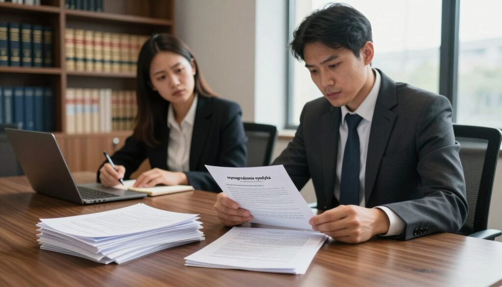 A professional and sophisticated office setting, showcasing a financial expert, dressed in formal business attire, reviewing legal documents at a large conference table. In the foreground, a neatly arranged pile of financial papers, including a detailed breakdown of costs and fees, emphasizes the topic of “wynagrodzenie syndyka.” In the middle ground, a concerned client is seated, attentively listening and taking notes, reflecting the process of consumer bankruptcy proceedings. Soft, natural lighting from large windows bathes the scene, casting gentle shadows and creating a serious yet hopeful atmosphere. The background features bookshelves filled with legal texts and financial guides, symbolizing knowledge and professionalism in the bankruptcy process. The composition encourages a sense of trust and professionalism, suitable for illustrating important financial discussions. A professional and sophisticated office setting, showcasing a financial expert, dressed in formal business attire, reviewing legal documents at a large conference table. In the foreground, a neatly arranged pile of financial papers, including a detailed breakdown of costs and fees, emphasizes the topic of “wynagrodzenie syndyka.” In the middle ground, a concerned client is seated, attentively listening and taking notes, reflecting the process of consumer bankruptcy proceedings. Soft, natural lighting from large windows bathes the scene, casting gentle shadows and creating a serious yet hopeful atmosphere. The background features bookshelves filled with legal texts and financial guides, symbolizing knowledge and professionalism in the bankruptcy process. The composition encourages a sense of trust and professionalism, suitable for illustrating important financial discussions.