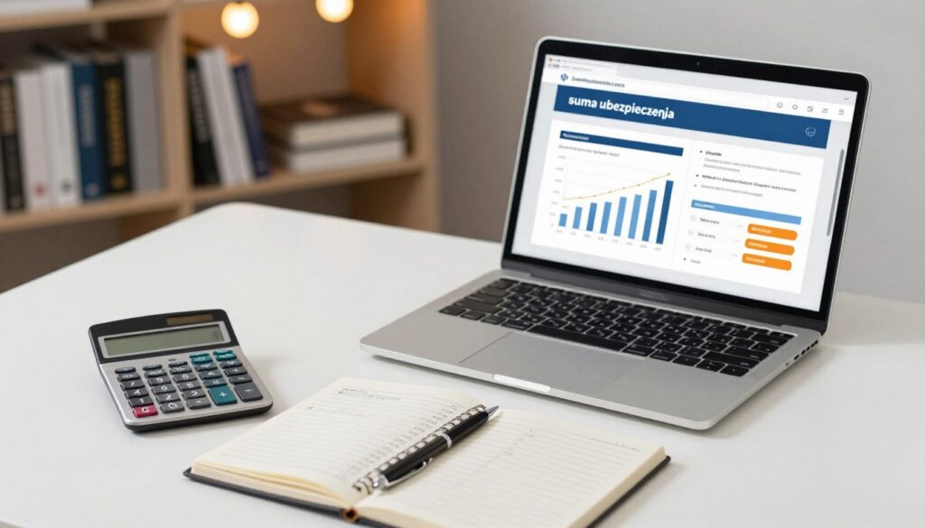 A professional and visually appealing workspace showcasing the concept of "suma ubezpieczenia". In the foreground, a neatly arranged desk with a calculator, a notepad filled with calculations, and a sleek pen. In the middle, an open laptop displaying insurance policy graphs and calculators, symbolizing self-assessment of life insurance costs. The background features a blurred bookshelf filled with business and finance books, subtly lit by warm ceiling lights. The overall atmosphere is focused and informative, inviting contemplation and research into life insurance costs. The lighting is soft but bright enough to illuminate the workspace without harsh shadows, and the angle captures a top-down view of the desk, emphasizing clarity and organization. A professional and visually appealing workspace showcasing the concept of "suma ubezpieczenia". In the foreground, a neatly arranged desk with a calculator, a notepad filled with calculations, and a sleek pen. In the middle, an open laptop displaying insurance policy graphs and calculators, symbolizing self-assessment of life insurance costs. The background features a blurred bookshelf filled with business and finance books, subtly lit by warm ceiling lights. The overall atmosphere is focused and informative, inviting contemplation and research into life insurance costs. The lighting is soft but bright enough to illuminate the workspace without harsh shadows, and the angle captures a top-down view of the desk, emphasizing clarity and organization.