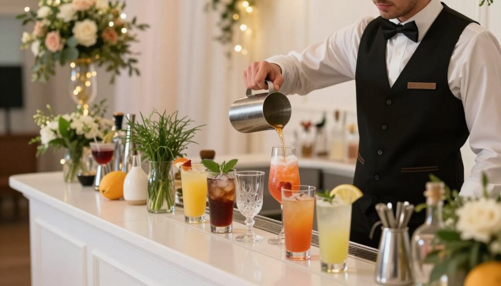 A professional barista in a stylish, modern wedding setting, preparing an array of colorful beverages at an elegantly decorated drink bar. In the foreground, the barista is skillfully pouring a vibrant cocktail into a glass, wearing a neat black vest and white shirt, exuding expertise and charm. In the middle, various drink ingredients and tools are arranged artfully, showcasing fresh herbs, fruits, and sparkling glasses, adding a touch of sophistication. The background features soft, warm lighting that creates a romantic ambiance, with delicate floral decorations and ambient fairy lights enhancing the festive wedding atmosphere. The scene conveys a sense of celebration and enjoyment, emphasizing the role of a barista as an integral part of the wedding experience. A professional barista in a stylish, modern wedding setting, preparing an array of colorful beverages at an elegantly decorated drink bar. In the foreground, the barista is skillfully pouring a vibrant cocktail into a glass, wearing a neat black vest and white shirt, exuding expertise and charm. In the middle, various drink ingredients and tools are arranged artfully, showcasing fresh herbs, fruits, and sparkling glasses, adding a touch of sophistication. The background features soft, warm lighting that creates a romantic ambiance, with delicate floral decorations and ambient fairy lights enhancing the festive wedding atmosphere. The scene conveys a sense of celebration and enjoyment, emphasizing the role of a barista as an integral part of the wedding experience.