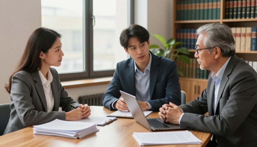 A professional business setting depicting a group of three individuals engaged in a discussion about inheritance rights, specifically the concept of "prawo do zachowku." The foreground features a diverse group: a middle-aged woman in a tailored suit, a young man in business casual attire, and an older gentleman wearing glasses, all gathered around a wooden conference table covered with stacks of legal documents and a laptop. In the middle, a large window lets in warm, natural light, illuminating their focused expressions. The background shows a well-organized office environment with shelves of legal books and a potted plant, creating a serious yet approachable atmosphere. The image captures a moment of collaboration, underscoring the theme of legal matters in inheritance and testamentary trusts. A professional business setting depicting a group of three individuals engaged in a discussion about inheritance rights, specifically the concept of "prawo do zachowku." The foreground features a diverse group: a middle-aged woman in a tailored suit, a young man in business casual attire, and an older gentleman wearing glasses, all gathered around a wooden conference table covered with stacks of legal documents and a laptop. In the middle, a large window lets in warm, natural light, illuminating their focused expressions. The background shows a well-organized office environment with shelves of legal books and a potted plant, creating a serious yet approachable atmosphere. The image captures a moment of collaboration, underscoring the theme of legal matters in inheritance and testamentary trusts.