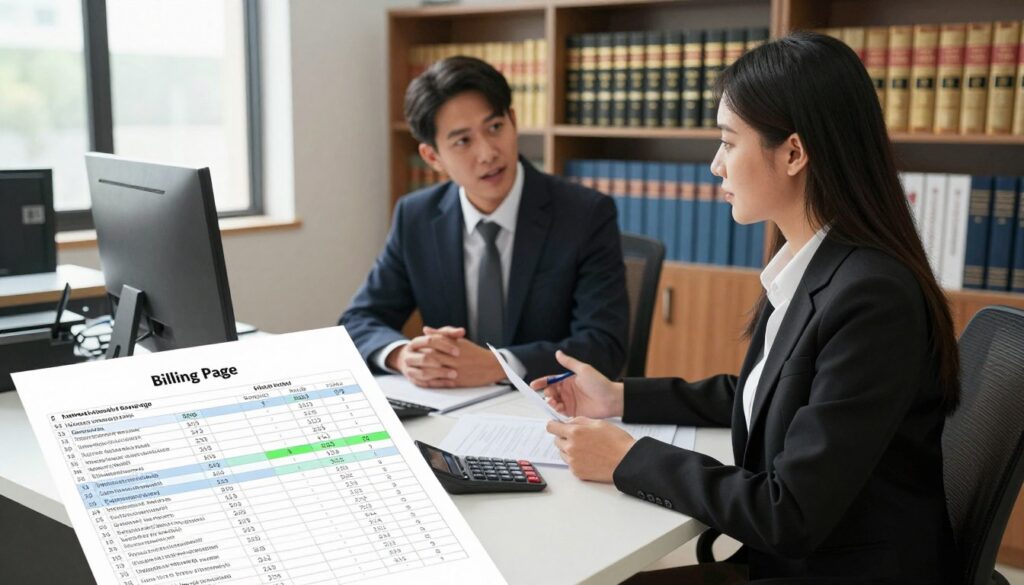 A professional business setting featuring a confident male and female translator in smart business attire, seated at a modern desk littered with translation documents and a calculator. In the foreground, a clear and detailed spreadsheet titled "Billing Page" is visible, showcasing calculations and notes related to sworn translations, with numbers and annotated areas highlighted. In the middle, the translators engage in discussion, surrounded by bookshelves filled with law and language reference materials. The background shows a sunlit office with large windows casting natural light, creating a warm and focused atmosphere that emphasizes diligence and professionalism. The overall mood is serious yet collaborative, enhancing the theme of accurate billing and the value of sworn translations. A professional business setting featuring a confident male and female translator in smart business attire, seated at a modern desk littered with translation documents and a calculator. In the foreground, a clear and detailed spreadsheet titled "Billing Page" is visible, showcasing calculations and notes related to sworn translations, with numbers and annotated areas highlighted. In the middle, the translators engage in discussion, surrounded by bookshelves filled with law and language reference materials. The background shows a sunlit office with large windows casting natural light, creating a warm and focused atmosphere that emphasizes diligence and professionalism. The overall mood is serious yet collaborative, enhancing the theme of accurate billing and the value of sworn translations.