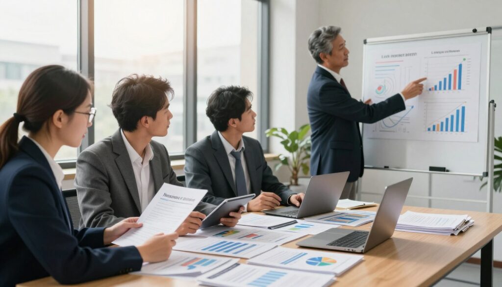A professional business setting showcasing a comparison of life insurance options. In the foreground, a diverse group of three professionals in business attire—a woman with glasses reviewing documents, a man comparing graphs on a tablet, and a middle-aged man gesturing towards a whiteboard filled with charts. The middle ground features a large table cluttered with insurance brochures, graph papers, and laptops. The background displays large windows letting in soft, natural light, casting a warm glow over the scene. The atmosphere feels focused and collaborative, highlighting the importance of informed decision-making in life insurance choices. The lens is set to a wide angle to capture the entire environment, ensuring a clear view of the professionals at work. A professional business setting showcasing a comparison of life insurance options. In the foreground, a diverse group of three professionals in business attire—a woman with glasses reviewing documents, a man comparing graphs on a tablet, and a middle-aged man gesturing towards a whiteboard filled with charts. The middle ground features a large table cluttered with insurance brochures, graph papers, and laptops. The background displays large windows letting in soft, natural light, casting a warm glow over the scene. The atmosphere feels focused and collaborative, highlighting the importance of informed decision-making in life insurance choices. The lens is set to a wide angle to capture the entire environment, ensuring a clear view of the professionals at work.