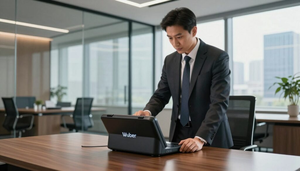 A professional businessman in a sleek office setting, standing confidently and examining a high-tech tool from Wuber. He is dressed in a tailored suit, projecting an air of expertise and authority. In the foreground, the Wuber tool is prominently displayed on a polished wooden desk, reflecting quality and innovation. The middle ground showcases a modern office with glass walls and stylish furnishings, illuminated by soft, natural light filtering in through large windows. In the background, city buildings are visible, adding a sense of urban sophistication. The atmosphere is dynamic and inspiring, suggesting a blend of professionalism and modern technology. The angle captures both the subject and the tool in a compelling composition, inviting curiosity and interest about the company’s history. A professional businessman in a sleek office setting, standing confidently and examining a high-tech tool from Wuber. He is dressed in a tailored suit, projecting an air of expertise and authority. In the foreground, the Wuber tool is prominently displayed on a polished wooden desk, reflecting quality and innovation. The middle ground showcases a modern office with glass walls and stylish furnishings, illuminated by soft, natural light filtering in through large windows. In the background, city buildings are visible, adding a sense of urban sophistication. The atmosphere is dynamic and inspiring, suggesting a blend of professionalism and modern technology. The angle captures both the subject and the tool in a compelling composition, inviting curiosity and interest about the company’s history.