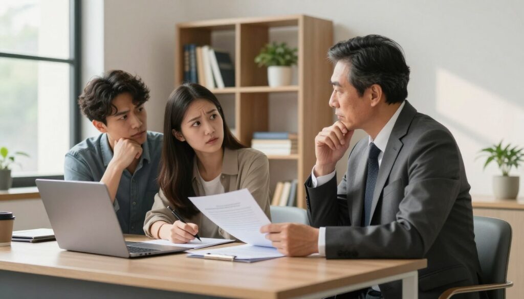 A professional credit advisor seated at a modern desk in an elegantly furnished office. In the foreground, the advisor, a middle-aged individual wearing a tailored suit, is engaged in a thoughtful conversation with a young couple dressed in business casual attire, displaying a mix of curiosity and concern. They are looking at documents and a laptop, emphasizing the advisory process. The middle of the composition features a stylish bookshelf with financial books and a potted plant, adding warmth to the scene. The background shows a large window with natural light streaming in, casting soft shadows, creating an inviting and professional atmosphere. Overall, the image conveys trust, professionalism, and a sense of financial guidance. A professional credit advisor seated at a modern desk in an elegantly furnished office. In the foreground, the advisor, a middle-aged individual wearing a tailored suit, is engaged in a thoughtful conversation with a young couple dressed in business casual attire, displaying a mix of curiosity and concern. They are looking at documents and a laptop, emphasizing the advisory process. The middle of the composition features a stylish bookshelf with financial books and a potted plant, adding warmth to the scene. The background shows a large window with natural light streaming in, casting soft shadows, creating an inviting and professional atmosphere. Overall, the image conveys trust, professionalism, and a sense of financial guidance.