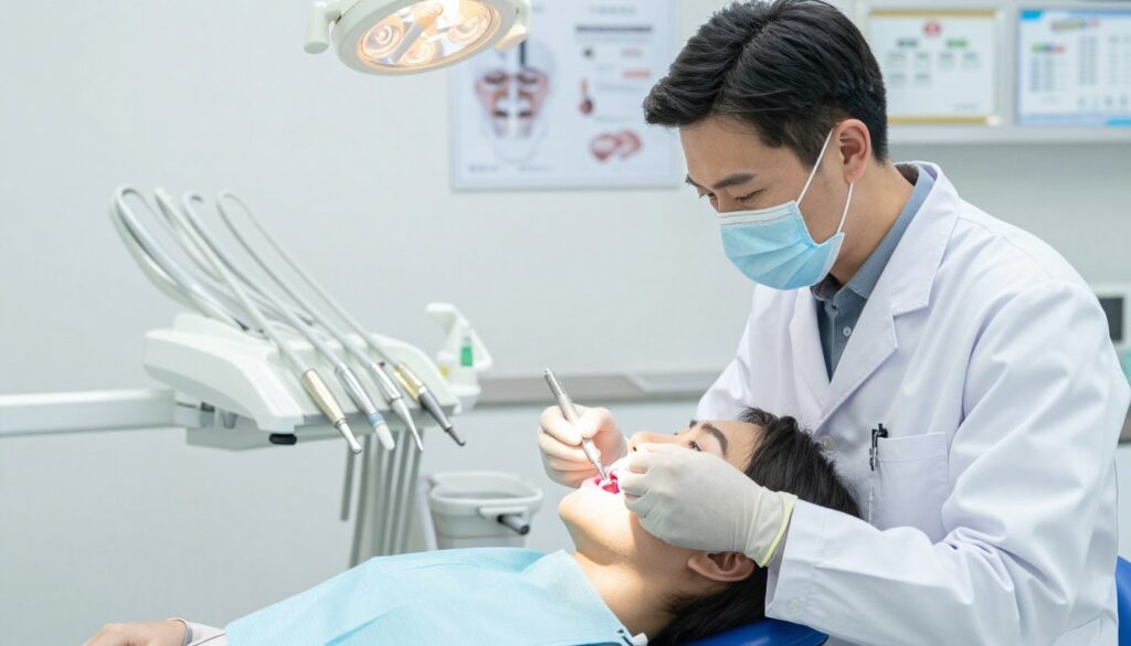 A professional dental office setting where a patient is being prepared for wisdom tooth extraction. In the foreground, a dentist in a white coat, wearing gloves and a mask, is calmly explaining the procedure to the patient, who is in a dental chair, dressed in a hospital gown. The mid-ground features dental instruments neatly arranged on a tray, with bright, clinical lighting creating a sterile, focused atmosphere. In the background, a wall with dental charts and certificates can be seen, emphasizing professionalism. The scene conveys a mood of reassurance and trust, portraying a standard procedure in a modern healthcare environment. Use a balanced, bright lighting setup with a soft focus effect to create an inviting ambiance. A professional dental office setting where a patient is being prepared for wisdom tooth extraction. In the foreground, a dentist in a white coat, wearing gloves and a mask, is calmly explaining the procedure to the patient, who is in a dental chair, dressed in a hospital gown. The mid-ground features dental instruments neatly arranged on a tray, with bright, clinical lighting creating a sterile, focused atmosphere. In the background, a wall with dental charts and certificates can be seen, emphasizing professionalism. The scene conveys a mood of reassurance and trust, portraying a standard procedure in a modern healthcare environment. Use a balanced, bright lighting setup with a soft focus effect to create an inviting ambiance.