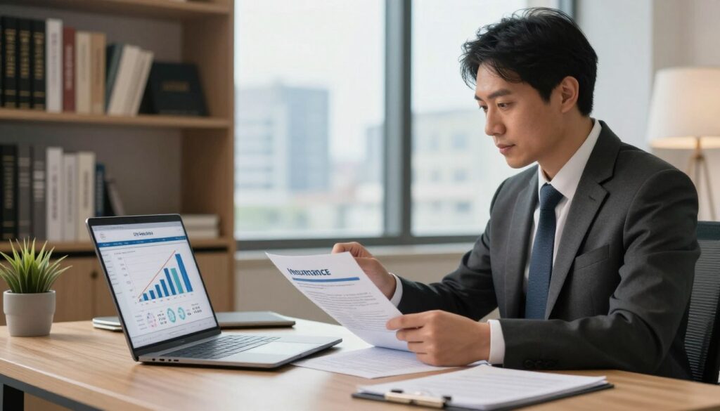 A professional financial advisor in business attire, seated at a modern office desk, analyzing insurance policy documents. The foreground features a laptop displaying graphs and statistics related to life insurance costs and age factors. In the middle, a clear glass window reveals a cityscape, subtly conveying growth and security. The background includes shelves filled with books, providing a scholarly atmosphere. Soft, warm lighting bathes the scene, creating an inviting and trustworthy mood. The angle captures the advisor's focused expression, highlighting the importance of age in determining insurance premiums. This image reflects professionalism and expertise in the life insurance industry, suitable for an informative article section. A professional financial advisor in business attire, seated at a modern office desk, analyzing insurance policy documents. The foreground features a laptop displaying graphs and statistics related to life insurance costs and age factors. In the middle, a clear glass window reveals a cityscape, subtly conveying growth and security. The background includes shelves filled with books, providing a scholarly atmosphere. Soft, warm lighting bathes the scene, creating an inviting and trustworthy mood. The angle captures the advisor's focused expression, highlighting the importance of age in determining insurance premiums. This image reflects professionalism and expertise in the life insurance industry, suitable for an informative article section.