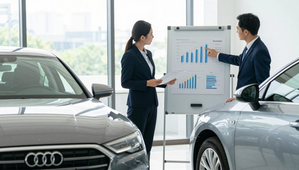 A professional image illustrating the concept of "car leasing," focusing on the differences between financing new and used cars. In the foreground, a sleek new car with a shiny surface representing a new car lease, paired with a slightly older car with a softer, more worn appearance symbolizing a used car lease. In the middle ground, a business professional in smart attire examines leasing documents while a financial advisor points to a whiteboard displaying graphs and charts about leasing costs. In the background, an office environment with large windows allowing natural light to fill the space, creating a bright, professional ambiance. The composition reflects a mood of insight and decision-making, emphasizing the financial aspects of car leasing. A professional image illustrating the concept of "car leasing," focusing on the differences between financing new and used cars. In the foreground, a sleek new car with a shiny surface representing a new car lease, paired with a slightly older car with a softer, more worn appearance symbolizing a used car lease. In the middle ground, a business professional in smart attire examines leasing documents while a financial advisor points to a whiteboard displaying graphs and charts about leasing costs. In the background, an office environment with large windows allowing natural light to fill the space, creating a bright, professional ambiance. The composition reflects a mood of insight and decision-making, emphasizing the financial aspects of car leasing.
