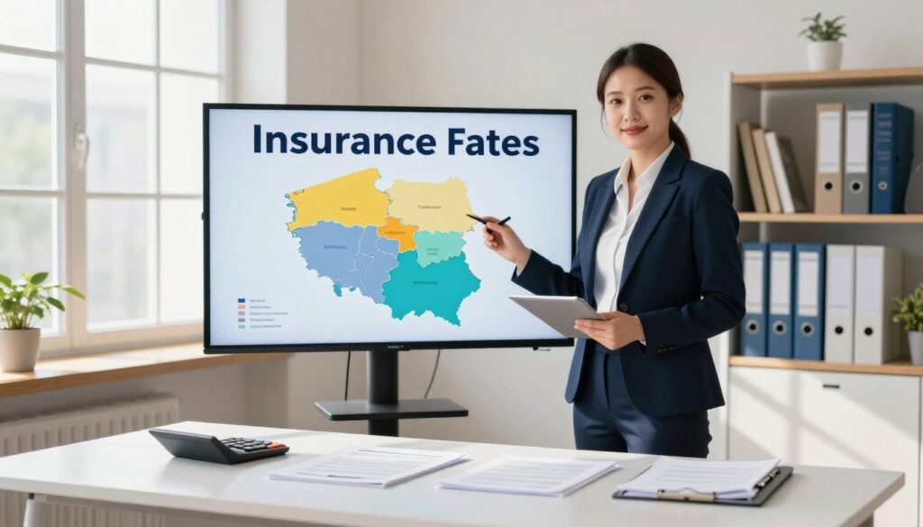 A professional insurance advisor in a smart business suit is standing beside a digital display showing a map of Poland with varying regions highlighted, illustrating how location influences insurance rates. In the foreground, a calculator and documents are placed on a sleek, modern desk, emphasizing the analytical aspect of insurance pricing. Bright, natural light filters through a large window, casting soft shadows and creating a warm, inviting atmosphere. The background features a minimalist office setting with shelves of books on insurance and well-organized files, suggesting professionalism and reliability. The overall mood is one of trust and expertise, perfect for conveying the importance of location in determining insurance costs. A professional insurance advisor in a smart business suit is standing beside a digital display showing a map of Poland with varying regions highlighted, illustrating how location influences insurance rates. In the foreground, a calculator and documents are placed on a sleek, modern desk, emphasizing the analytical aspect of insurance pricing. Bright, natural light filters through a large window, casting soft shadows and creating a warm, inviting atmosphere. The background features a minimalist office setting with shelves of books on insurance and well-organized files, suggesting professionalism and reliability. The overall mood is one of trust and expertise, perfect for conveying the importance of location in determining insurance costs.