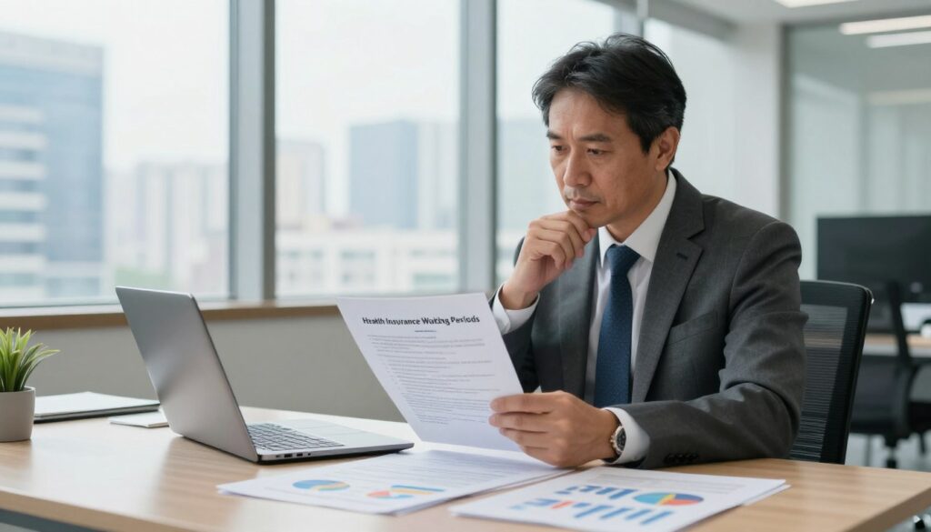 A professional insurance agent in a modern office environment, reviewing a document titled "Health Insurance Waiting Periods." The agent, a middle-aged individual in business attire, appears thoughtfully engaged, sitting at a sleek desk with a laptop open. In the foreground, scattered papers include charts and graphs illustrating health insurance costs. The middle layer shows the agent's focused expression and the details on the document. In the background, large windows let in natural light, illuminating a city skyline, creating a vibrant yet serious atmosphere. The scene conveys professionalism and the intricacies of health insurance contracts, emphasizing the topic of waiting periods without any distractions. A professional insurance agent in a modern office environment, reviewing a document titled "Health Insurance Waiting Periods." The agent, a middle-aged individual in business attire, appears thoughtfully engaged, sitting at a sleek desk with a laptop open. In the foreground, scattered papers include charts and graphs illustrating health insurance costs. The middle layer shows the agent's focused expression and the details on the document. In the background, large windows let in natural light, illuminating a city skyline, creating a vibrant yet serious atmosphere. The scene conveys professionalism and the intricacies of health insurance contracts, emphasizing the topic of waiting periods without any distractions.