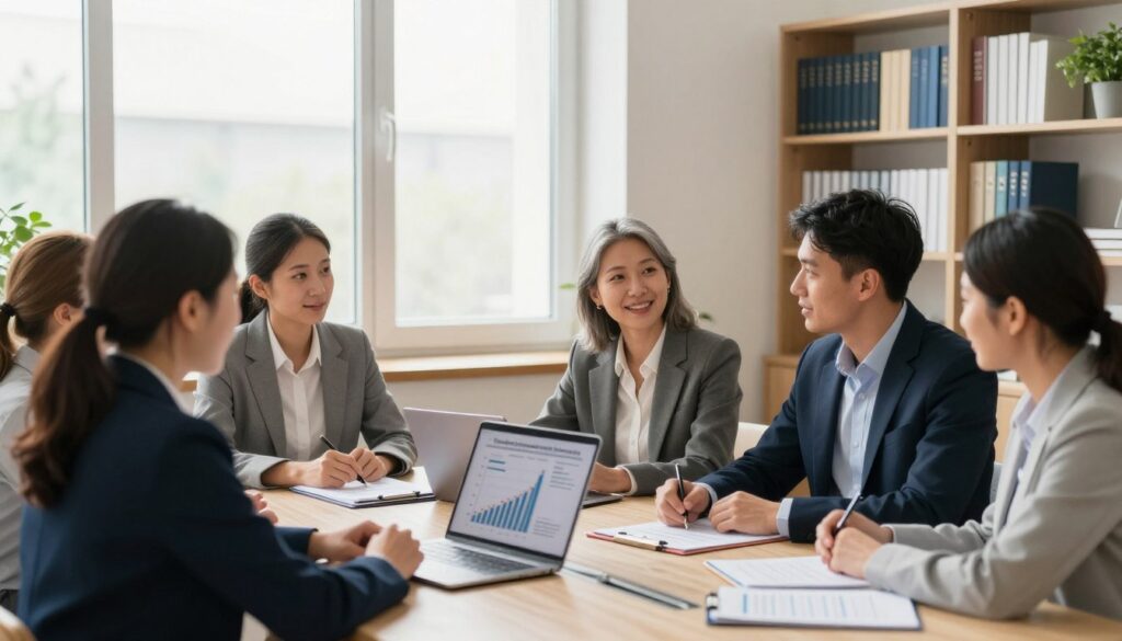 A professional, inviting office environment representing the concept of "Fundusz Alimentacyjny świadczenia." In the foreground, a diverse group of individuals in business attire, including a middle-aged woman and a young man, are engaged in a discussion around a conference table filled with documents and a laptop displaying financial graphs. The middle layer features a large window allowing soft, natural light to fill the room, creating a warm and welcoming atmosphere. The background includes bookshelves with neatly arranged financial literature and a plant for a touch of greenery, promoting a sense of growth and hope. The overall mood is focused and optimistic, emphasizing the importance of financial support in family welfare. A professional, inviting office environment representing the concept of "Fundusz Alimentacyjny świadczenia." In the foreground, a diverse group of individuals in business attire, including a middle-aged woman and a young man, are engaged in a discussion around a conference table filled with documents and a laptop displaying financial graphs. The middle layer features a large window allowing soft, natural light to fill the room, creating a warm and welcoming atmosphere. The background includes bookshelves with neatly arranged financial literature and a plant for a touch of greenery, promoting a sense of growth and hope. The overall mood is focused and optimistic, emphasizing the importance of financial support in family welfare.