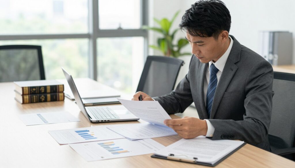 A professional law office scene depicting the key factors influencing the valuation of a law firm. In the foreground, a well-dressed lawyer in a tailored suit is reviewing legal documents and calculating fees on a laptop, conveying concentration and professionalism. In the middle ground, a large conference table is cluttered with case files, legal books, and financial graphs, symbolizing thorough analysis and careful valuation. The background features a modern office setting with large windows allowing natural light to flood in, creating a bright and inviting atmosphere. The image should have a slight depth of field effect, emphasizing the lawyer while softly blurring the background, conveying a sense of focus and expertise. A professional law office scene depicting the key factors influencing the valuation of a law firm. In the foreground, a well-dressed lawyer in a tailored suit is reviewing legal documents and calculating fees on a laptop, conveying concentration and professionalism. In the middle ground, a large conference table is cluttered with case files, legal books, and financial graphs, symbolizing thorough analysis and careful valuation. The background features a modern office setting with large windows allowing natural light to flood in, creating a bright and inviting atmosphere. The image should have a slight depth of field effect, emphasizing the lawyer while softly blurring the background, conveying a sense of focus and expertise.