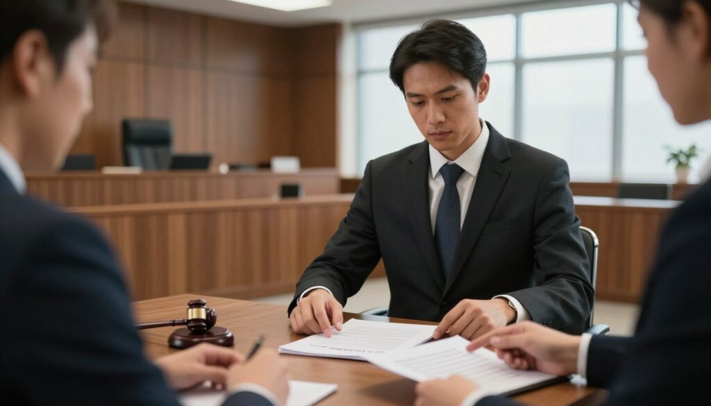 A professional lawyer in a business suit stands confidently at a courtroom table, analyzing legal documents with a focused expression. In the foreground, the lawyer's hands are seen pointing at key points in the documents, symbolizing the legal defense process. In the middle ground, a sleek, modern courtroom setting showcases wooden paneling, a judge’s bench in the background, and an empty jury box. Soft, natural lighting filters through large windows, creating a serious but hopeful atmosphere. The camera angle is slightly elevated, capturing the lawyer in action while emphasizing the solemnity of the legal environment. The image is designed to convey the complexities and costs associated with legal defense at different stages of judicial proceedings. A professional lawyer in a business suit stands confidently at a courtroom table, analyzing legal documents with a focused expression. In the foreground, the lawyer's hands are seen pointing at key points in the documents, symbolizing the legal defense process. In the middle ground, a sleek, modern courtroom setting showcases wooden paneling, a judge’s bench in the background, and an empty jury box. Soft, natural lighting filters through large windows, creating a serious but hopeful atmosphere. The camera angle is slightly elevated, capturing the lawyer in action while emphasizing the solemnity of the legal environment. The image is designed to convey the complexities and costs associated with legal defense at different stages of judicial proceedings.