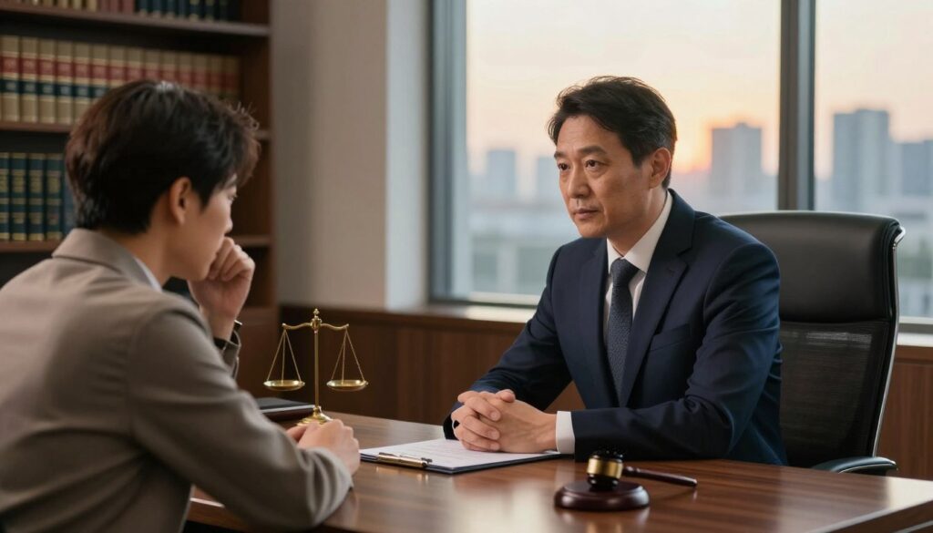 A professional lawyer in a sleek office environment, engaged in consultation with a client. The lawyer, a middle-aged individual in a sharp navy suit, is sitting at a polished wooden desk, looking attentively at the client, who appears focused and slightly anxious, wearing business casual attire. In the background, shelves neatly filled with legal books and a large window revealing a cityscape at dusk, casting a warm, golden light into the room. The overall atmosphere is one of professionalism and support, highlighting the importance of legal advice. Soft, natural lighting enhances the calm mood, captured with a slight depth of field to emphasize the subjects in the foreground while softly blurring the background. A professional lawyer in a sleek office environment, engaged in consultation with a client. The lawyer, a middle-aged individual in a sharp navy suit, is sitting at a polished wooden desk, looking attentively at the client, who appears focused and slightly anxious, wearing business casual attire. In the background, shelves neatly filled with legal books and a large window revealing a cityscape at dusk, casting a warm, golden light into the room. The overall atmosphere is one of professionalism and support, highlighting the importance of legal advice. Soft, natural lighting enhances the calm mood, captured with a slight depth of field to emphasize the subjects in the foreground while softly blurring the background.
