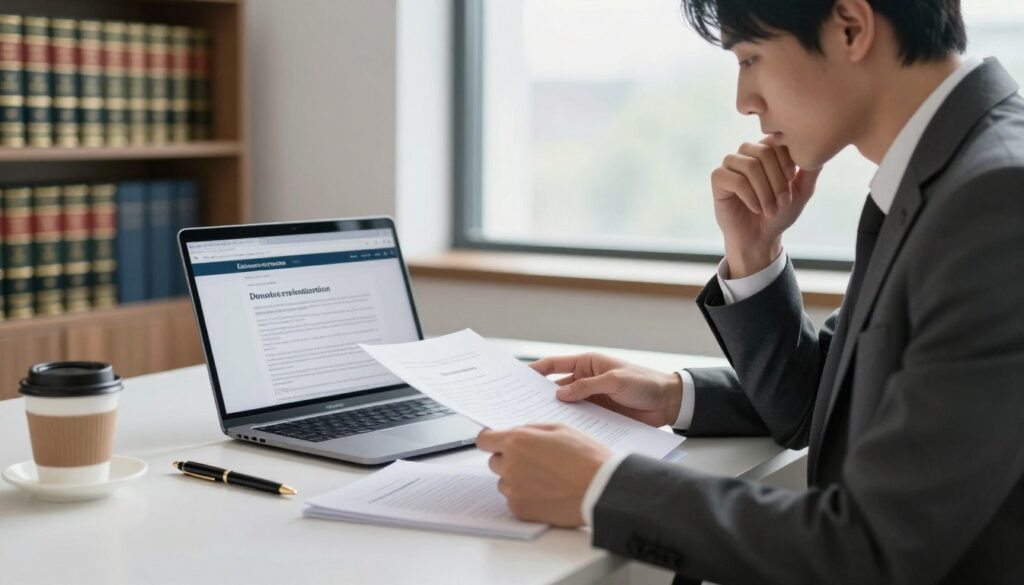 A professional lawyer sitting at a modern desk, reviewing legal documents regarding the revocation of a donation. The foreground features the lawyer, dressed in a tailored suit, intently examining a stack of papers with a focused expression. In the middle, a laptop displays a legal webpage about donation revocation, alongside a stylish pen and a cup of coffee. The background includes a bookshelf filled with law books and a large window allowing soft, natural light to fill the room. The atmosphere is serious and contemplative, reflecting the importance of legal expertise. The lighting is bright but soft, creating a professional and inviting workspace ambiance. A professional lawyer sitting at a modern desk, reviewing legal documents regarding the revocation of a donation. The foreground features the lawyer, dressed in a tailored suit, intently examining a stack of papers with a focused expression. In the middle, a laptop displays a legal webpage about donation revocation, alongside a stylish pen and a cup of coffee. The background includes a bookshelf filled with law books and a large window allowing soft, natural light to fill the room. The atmosphere is serious and contemplative, reflecting the importance of legal expertise. The lighting is bright but soft, creating a professional and inviting workspace ambiance.