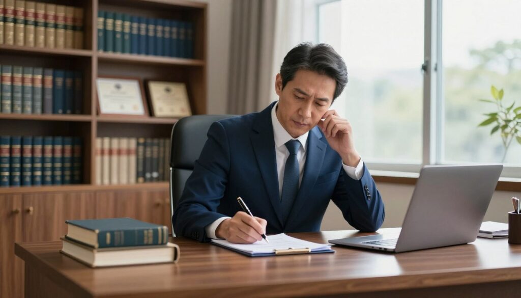 A professional lawyer sitting at a sleek wooden desk in a well-lit office, deeply focused on crafting a legal document. The foreground features a neatly arranged desk with legal books, a laptop, and a pen poised over crisp stationery. In the middle, the lawyer, a middle-aged individual dressed in a sharp navy suit, ponders thoughtfully while scribbling notes. The background reveals shelves filled with law books, framed certificates, and a large window that allows soft, natural light to pour in, creating a warm and inviting atmosphere. The scene conveys professionalism and diligence, emphasizing the meticulous nature of legal writing and its significance in valuing legal services.