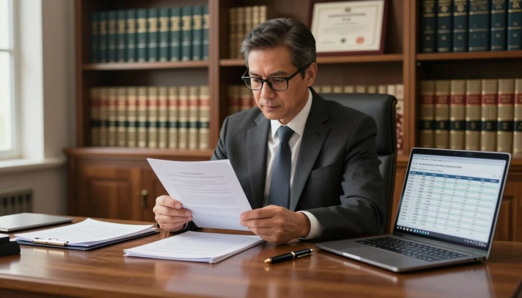 A professional lawyer's office, focused on civil law, with a polished wooden desk in the foreground. On the desk, there are neatly arranged legal documents, a laptop displaying a spreadsheet of expenses related to civil cases, and a stylish pen. In the middle, a well-dressed lawyer, a middle-aged man in a tailored suit and glasses, reviews a file with a thoughtful expression. Behind him, bookshelves filled with law books and a framed certificate create an academic atmosphere. The lighting is soft and warm, emanating from a nearby window, casting gentle shadows. The overall tone is serious yet inviting, capturing the essence of legal professionalism and financial considerations in civil case management. A professional lawyer's office, focused on civil law, with a polished wooden desk in the foreground. On the desk, there are neatly arranged legal documents, a laptop displaying a spreadsheet of expenses related to civil cases, and a stylish pen. In the middle, a well-dressed lawyer, a middle-aged man in a tailored suit and glasses, reviews a file with a thoughtful expression. Behind him, bookshelves filled with law books and a framed certificate create an academic atmosphere. The lighting is soft and warm, emanating from a nearby window, casting gentle shadows. The overall tone is serious yet inviting, capturing the essence of legal professionalism and financial considerations in civil case management.