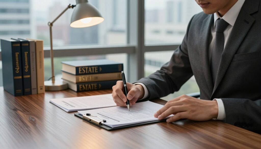 A professional lawyer’s office, focusing on estate law. In the foreground, a well-dressed lawyer in a tailored suit sits at a sleek wooden desk, reviewing legal documents regarding inheritance cases. The lawyer appears focused and analytical, with a pen poised over a financial ledger that details attorney fees and costs associated with estate matters. In the middle, a stack of legal books on inheritance law and estate planning sits neatly beside a glowing desk lamp, casting a warm light. In the background, a large window reveals a cityscape, hinting at a bustling legal environment. The atmosphere is serious yet inviting, embodying professionalism and expertise in a modern law firm. Soft, natural lighting enhances the ambiance, emphasizing the details of the legal materials present. A professional lawyer’s office, focusing on estate law. In the foreground, a well-dressed lawyer in a tailored suit sits at a sleek wooden desk, reviewing legal documents regarding inheritance cases. The lawyer appears focused and analytical, with a pen poised over a financial ledger that details attorney fees and costs associated with estate matters. In the middle, a stack of legal books on inheritance law and estate planning sits neatly beside a glowing desk lamp, casting a warm light. In the background, a large window reveals a cityscape, hinting at a bustling legal environment. The atmosphere is serious yet inviting, embodying professionalism and expertise in a modern law firm. Soft, natural lighting enhances the ambiance, emphasizing the details of the legal materials present.