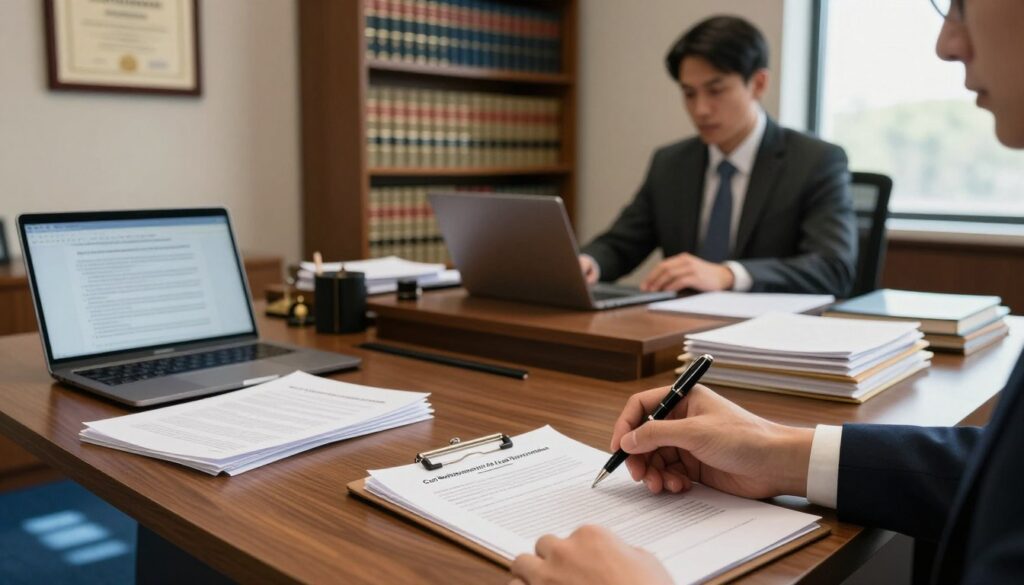 A professional lawyer's office interior, showcasing a wooden desk with neatly arranged legal documents and a laptop displaying legal codes. In the foreground, a hand holding a pen over a document titled "Cost Reimbursement for Legal Representation." The middle features a bookshelf filled with law books and a framed certificate on the wall. The background includes a window with natural light filtering in, casting soft shadows on the blue carpet. The atmosphere is serious yet welcoming, embodying professionalism and trust. Soft, diffused lighting enhances the warm tones of the wood and the overall inviting ambiance. A business-attired lawyer, focused and determined, sits at the desk, embodying the essence of legal assistance and representation. A professional lawyer's office interior, showcasing a wooden desk with neatly arranged legal documents and a laptop displaying legal codes. In the foreground, a hand holding a pen over a document titled "Cost Reimbursement for Legal Representation." The middle features a bookshelf filled with law books and a framed certificate on the wall. The background includes a window with natural light filtering in, casting soft shadows on the blue carpet. The atmosphere is serious yet welcoming, embodying professionalism and trust. Soft, diffused lighting enhances the warm tones of the wood and the overall inviting ambiance. A business-attired lawyer, focused and determined, sits at the desk, embodying the essence of legal assistance and representation.