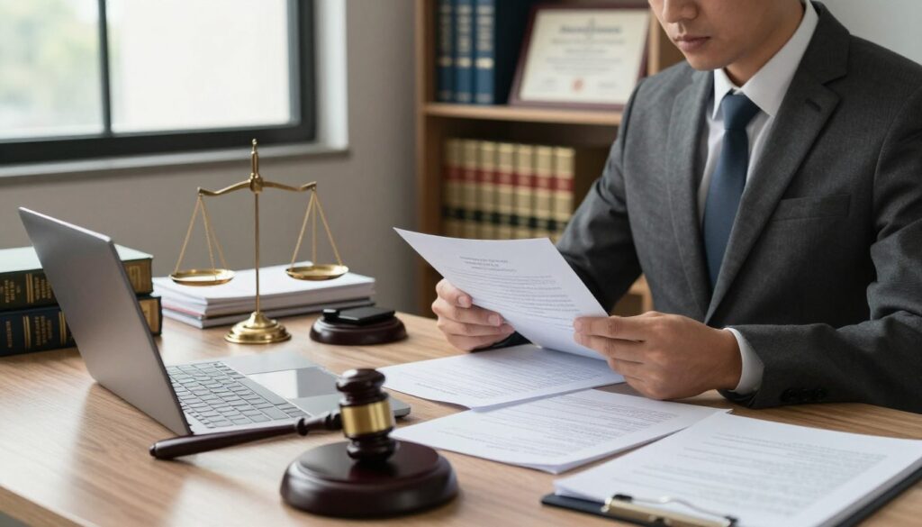 A professional lawyer's office scene focused on legal proceedings, featuring a table cluttered with documents, legal books, and a laptop. In the foreground, a lawyer wearing a tailored suit, engrossed in reviewing case files, conveys a sense of diligence and expertise. In the middle, a gavel and a scale of justice symbolize the legal field prominently. The background showcases shelves filled with law books and framed diplomas, adding an air of professionalism and credibility. Soft, natural lighting filters through a large window, casting gentle shadows and creating a calm atmosphere conducive to serious discussion. The camera angle is slightly tilted from above, emphasizing the busy workspace while keeping the overall tone focused and respectful. A professional lawyer's office scene focused on legal proceedings, featuring a table cluttered with documents, legal books, and a laptop. In the foreground, a lawyer wearing a tailored suit, engrossed in reviewing case files, conveys a sense of diligence and expertise. In the middle, a gavel and a scale of justice symbolize the legal field prominently. The background showcases shelves filled with law books and framed diplomas, adding an air of professionalism and credibility. Soft, natural lighting filters through a large window, casting gentle shadows and creating a calm atmosphere conducive to serious discussion. The camera angle is slightly tilted from above, emphasizing the busy workspace while keeping the overall tone focused and respectful.