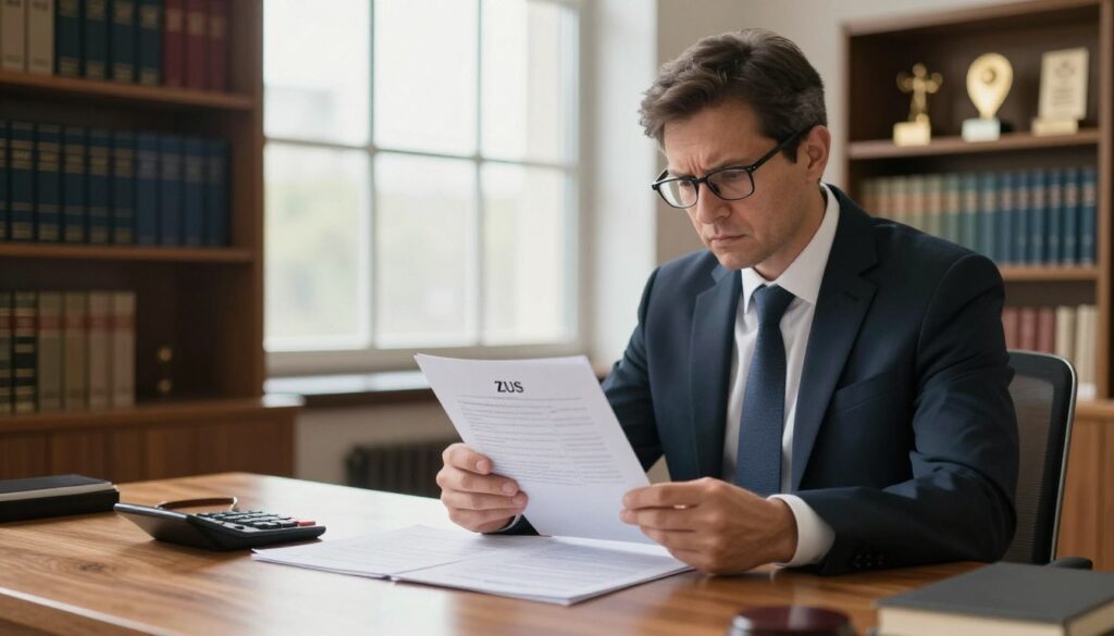 A professional lawyer's office scene, focusing on a wooden desk with legal documents and a calculator, symbolizing legal fees and costs associated with ZUS cases. In the foreground, a well-dressed lawyer, a middle-aged man with glasses, reviews a file with a concerned expression. In the middle ground, a large window allows soft, natural light to stream in, illuminating the room and creating a warm, inviting atmosphere. To the background, shelves filled with legal books and awards convey expertise and professionalism. The mood is serious and contemplative, emphasizing the importance of understanding costs related to legal representation. The angle captures the lawyer's focused demeanor, highlighting the importance of choosing the right representation. A professional lawyer's office scene, focusing on a wooden desk with legal documents and a calculator, symbolizing legal fees and costs associated with ZUS cases. In the foreground, a well-dressed lawyer, a middle-aged man with glasses, reviews a file with a concerned expression. In the middle ground, a large window allows soft, natural light to stream in, illuminating the room and creating a warm, inviting atmosphere. To the background, shelves filled with legal books and awards convey expertise and professionalism. The mood is serious and contemplative, emphasizing the importance of understanding costs related to legal representation. The angle captures the lawyer's focused demeanor, highlighting the importance of choosing the right representation.