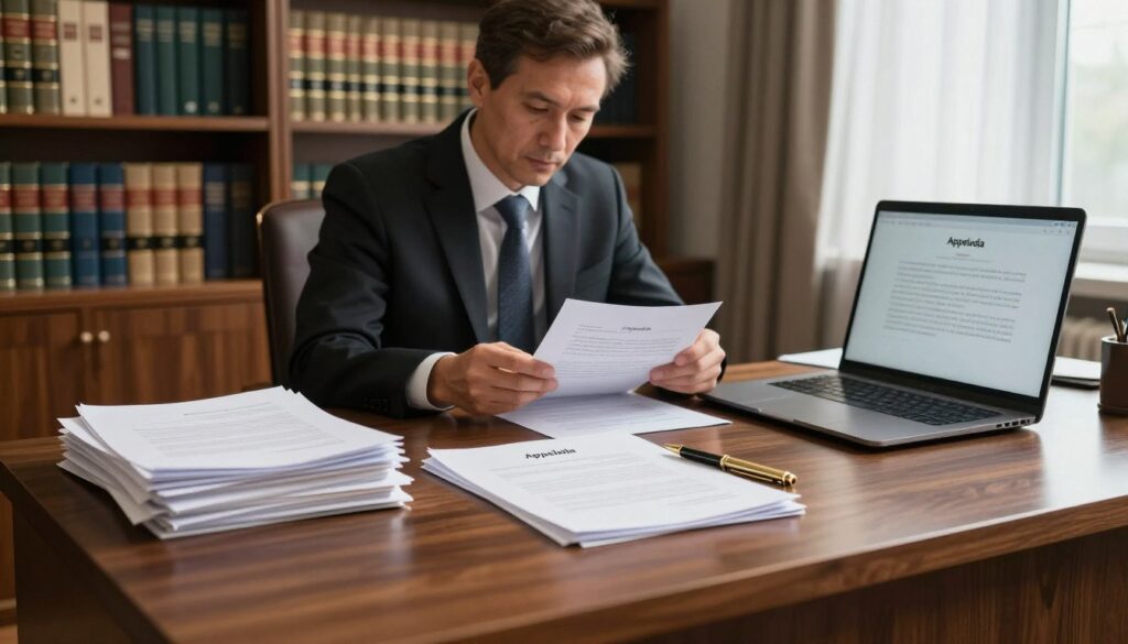 A professional legal office interior, showcasing a large wooden desk in the foreground with neatly stacked legal documents, a polished brass pen, and an open laptop displaying a blank document titled "Appelacja". In the middle, a focused individual in business attire, a middle-aged person reviewing the documents, surrounded by bookshelves filled with law books and legal texts. Soft, warm lighting accentuates the serious atmosphere, casting gentle shadows that enhance the professionalism of the setting. In the background, a window with sheer curtains allows natural light to illuminate the room, providing a sense of clarity and focus on the formal requirements of preparing legal documents. The overall mood conveys diligence and professionalism, perfect for a legal context. A professional legal office interior, showcasing a large wooden desk in the foreground with neatly stacked legal documents, a polished brass pen, and an open laptop displaying a blank document titled "Appelacja". In the middle, a focused individual in business attire, a middle-aged person reviewing the documents, surrounded by bookshelves filled with law books and legal texts. Soft, warm lighting accentuates the serious atmosphere, casting gentle shadows that enhance the professionalism of the setting. In the background, a window with sheer curtains allows natural light to illuminate the room, providing a sense of clarity and focus on the formal requirements of preparing legal documents. The overall mood conveys diligence and professionalism, perfect for a legal context.
