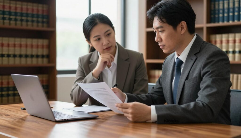 A professional legal setting illustrating the process of inheritance confirmation. In the foreground, a poised lawyer in a tailored business suit, examining legal documents on a polished wooden desk with a laptop open. In the middle ground, a client, dressed in business casual, looks on thoughtfully, holding a pen, as they discuss the documents with the lawyer. The background features bookshelves filled with legal texts and a large window letting in soft natural light. The atmosphere is serious yet supportive, reflecting the importance of guidance in legal matters related to inheritance. The lighting creates a warm, inviting ambiance, emphasizing professionalism. The angle is slightly elevated to capture the interaction clearly. A professional legal setting illustrating the process of inheritance confirmation. In the foreground, a poised lawyer in a tailored business suit, examining legal documents on a polished wooden desk with a laptop open. In the middle ground, a client, dressed in business casual, looks on thoughtfully, holding a pen, as they discuss the documents with the lawyer. The background features bookshelves filled with legal texts and a large window letting in soft natural light. The atmosphere is serious yet supportive, reflecting the importance of guidance in legal matters related to inheritance. The lighting creates a warm, inviting ambiance, emphasizing professionalism. The angle is slightly elevated to capture the interaction clearly.